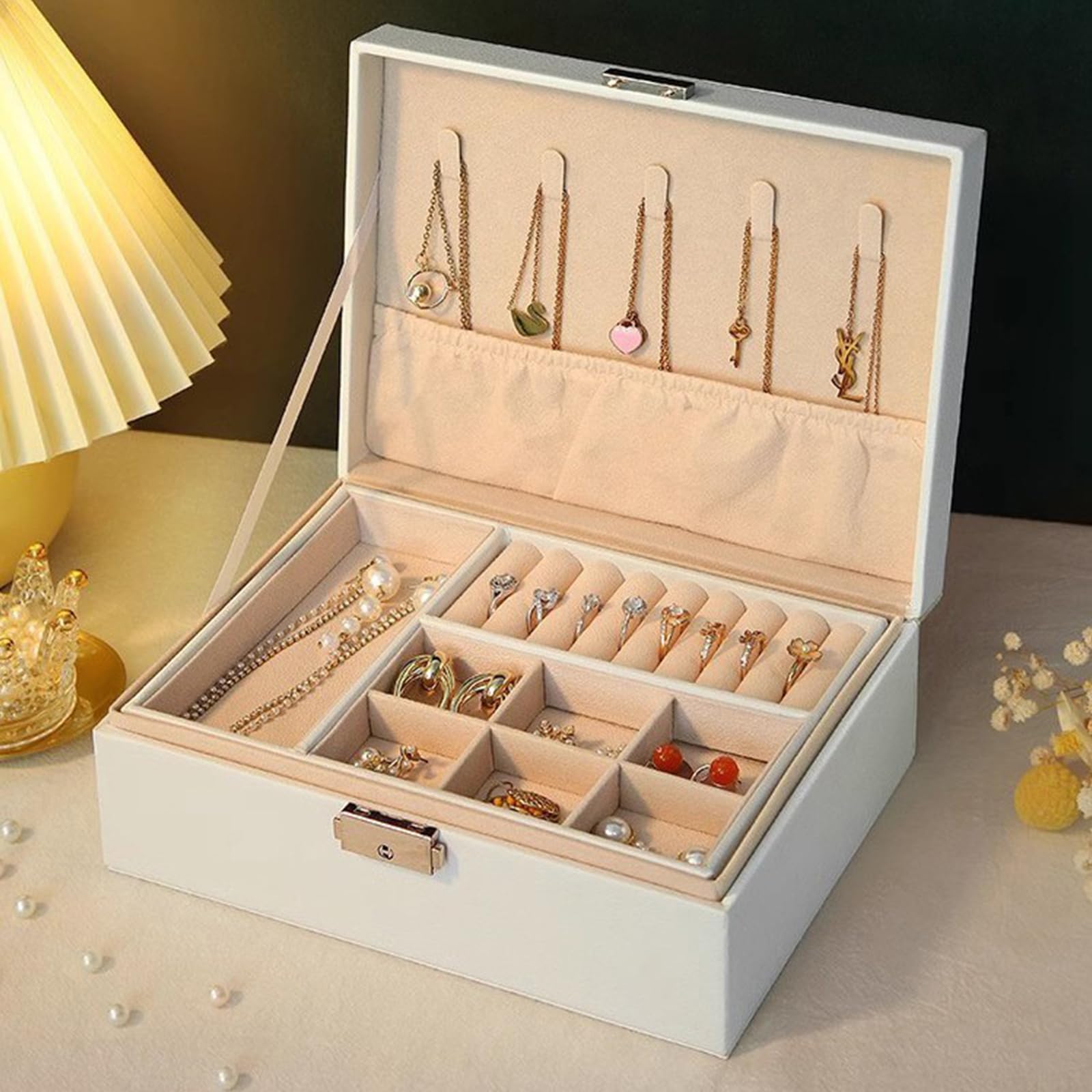 Boîte à Bijoux De Voyage En Cuir PU – Organisateur 2 Niveaux Pour Boucles D'Oreilles, Colliers, Bagues | Coffret Blanc Élégant