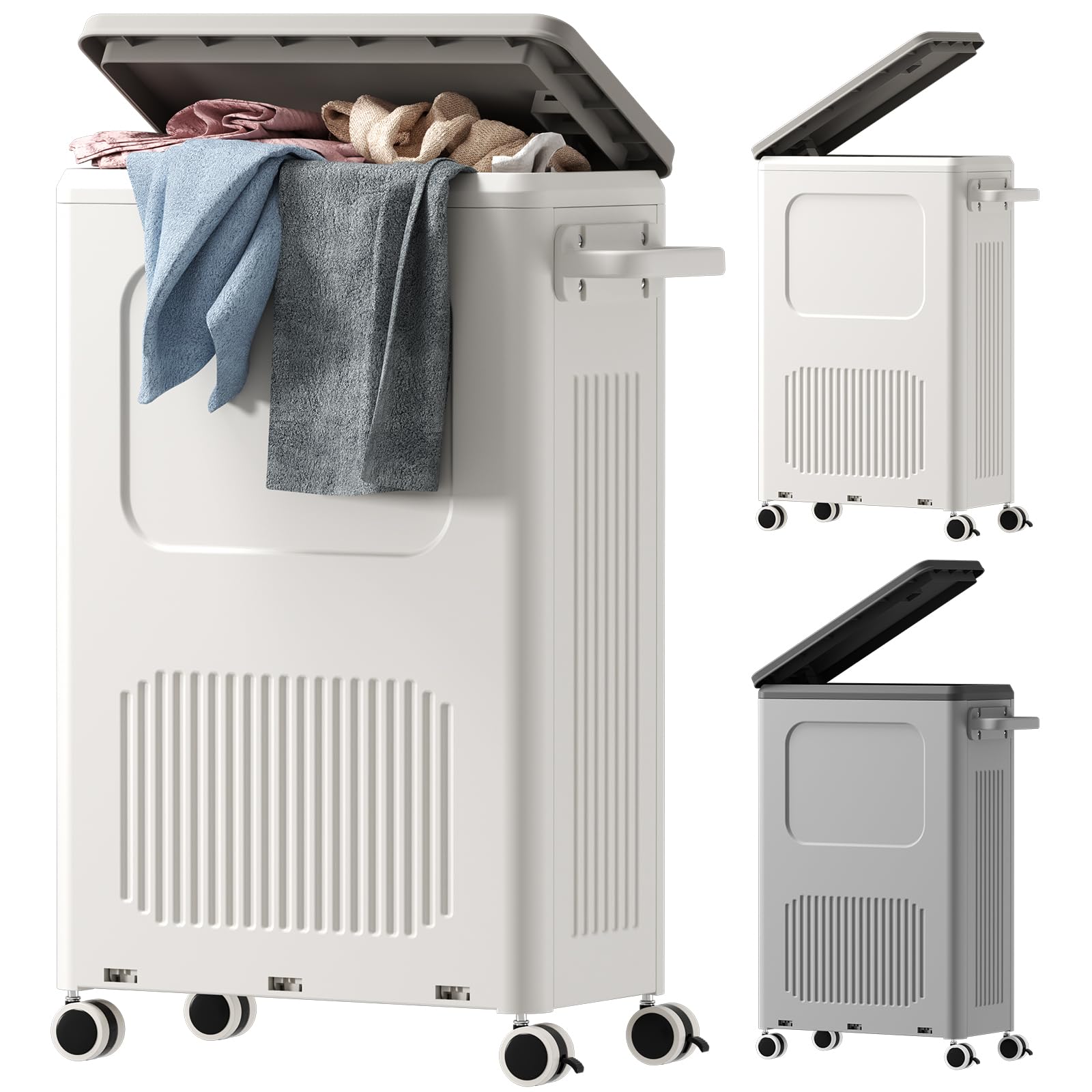 HAIXIN Plastic Laundry Basket with Lid - 50L Washing Basket with Wheels and Handle, Slim Dirty Clothes Basket 1 Pack, Large Laundry Hamper, Laundry Bin for Bathroom Bedroom Narrow Storage(Milk Grey) โ image 1