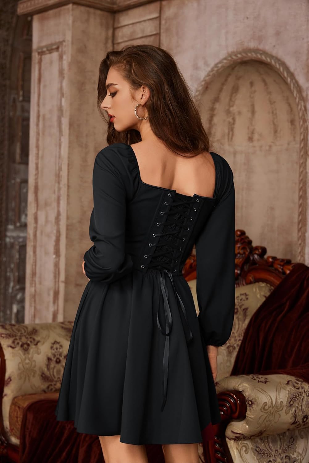 Scarlet Darkness Fall Long Sleeve Mini Dress Fishbone Renaissance Corset Dress - Image 4