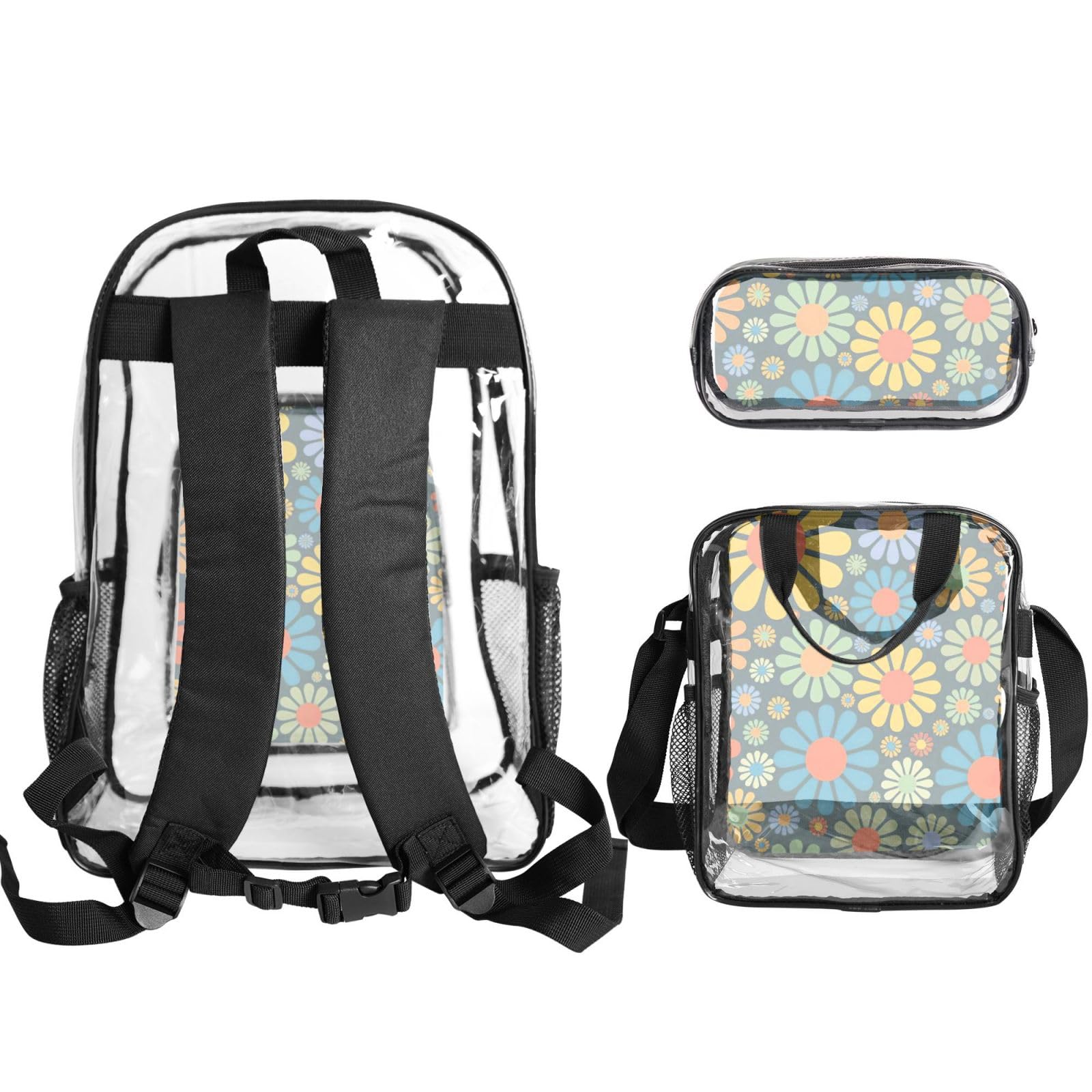 Hippie Pattern Stampa Trasparente Leggero 3 Pezzi Lunch Bag Combo Trasparente Zaino Set Scuola Viaggio