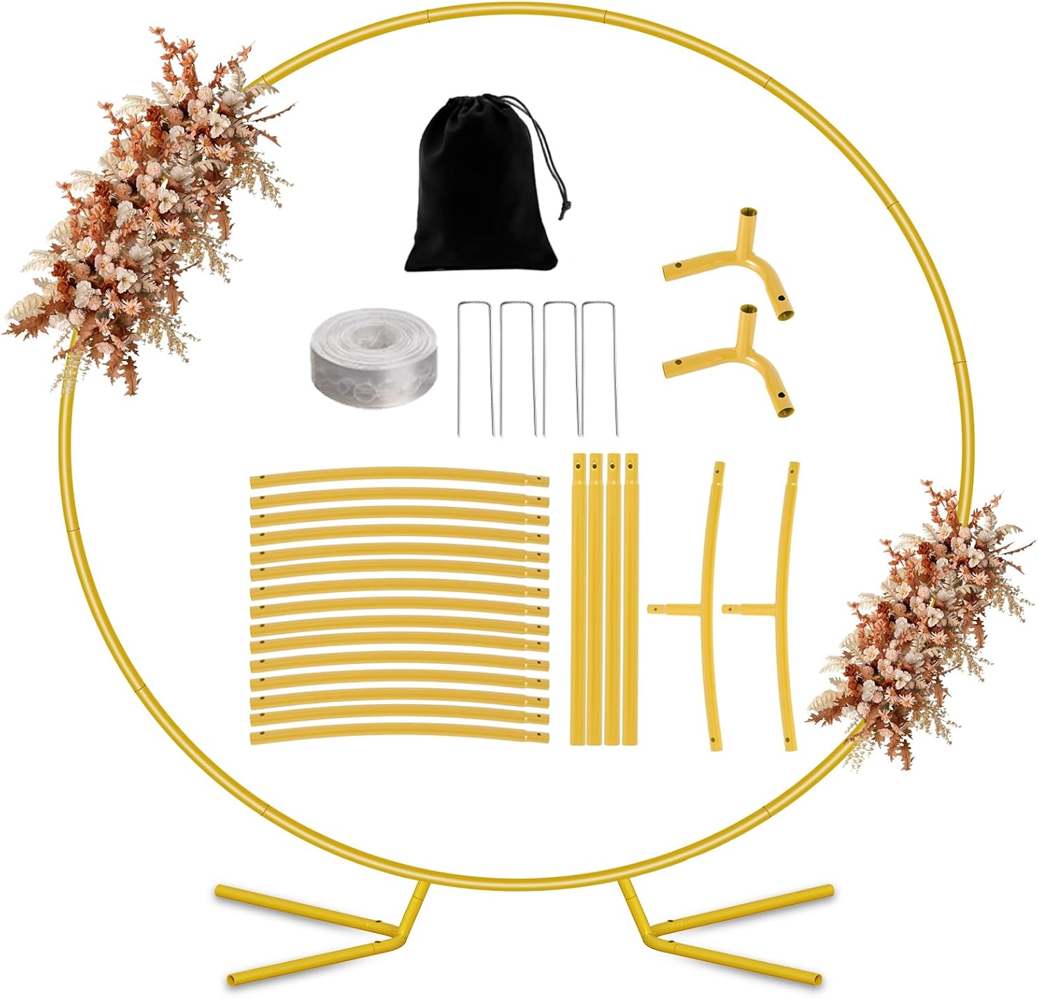 Nisoger 7.2FT Round Backdrop Stand, Circle Gold Balloon Wedding Arch Frame, Metal Wedding Backdrop With Storage Bag For Parties, Baby Shower, Ceremony and Graduation Decorations Gold 7.2FT