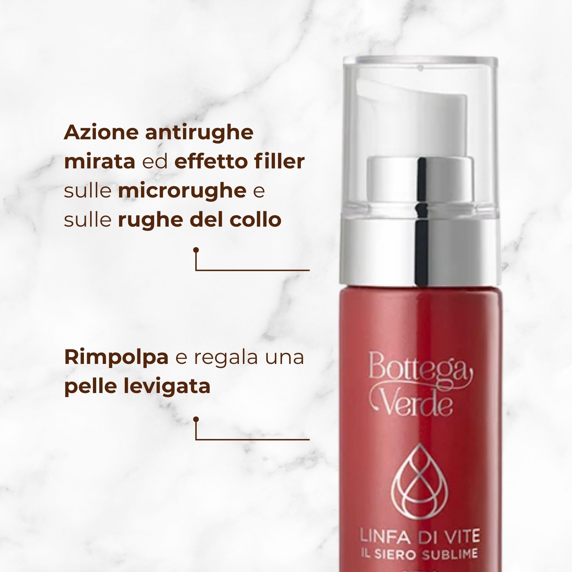 Bottega Verde - Siero Viso e Collo Linfa di Vite, 30 ml, Trattamento Intensivo Antirughe ed Effetto Filler, con Peptidi, Linfa di Vite, Ceramidi e Acido Ialuronico, Texture Leggera, per Pelli Mature