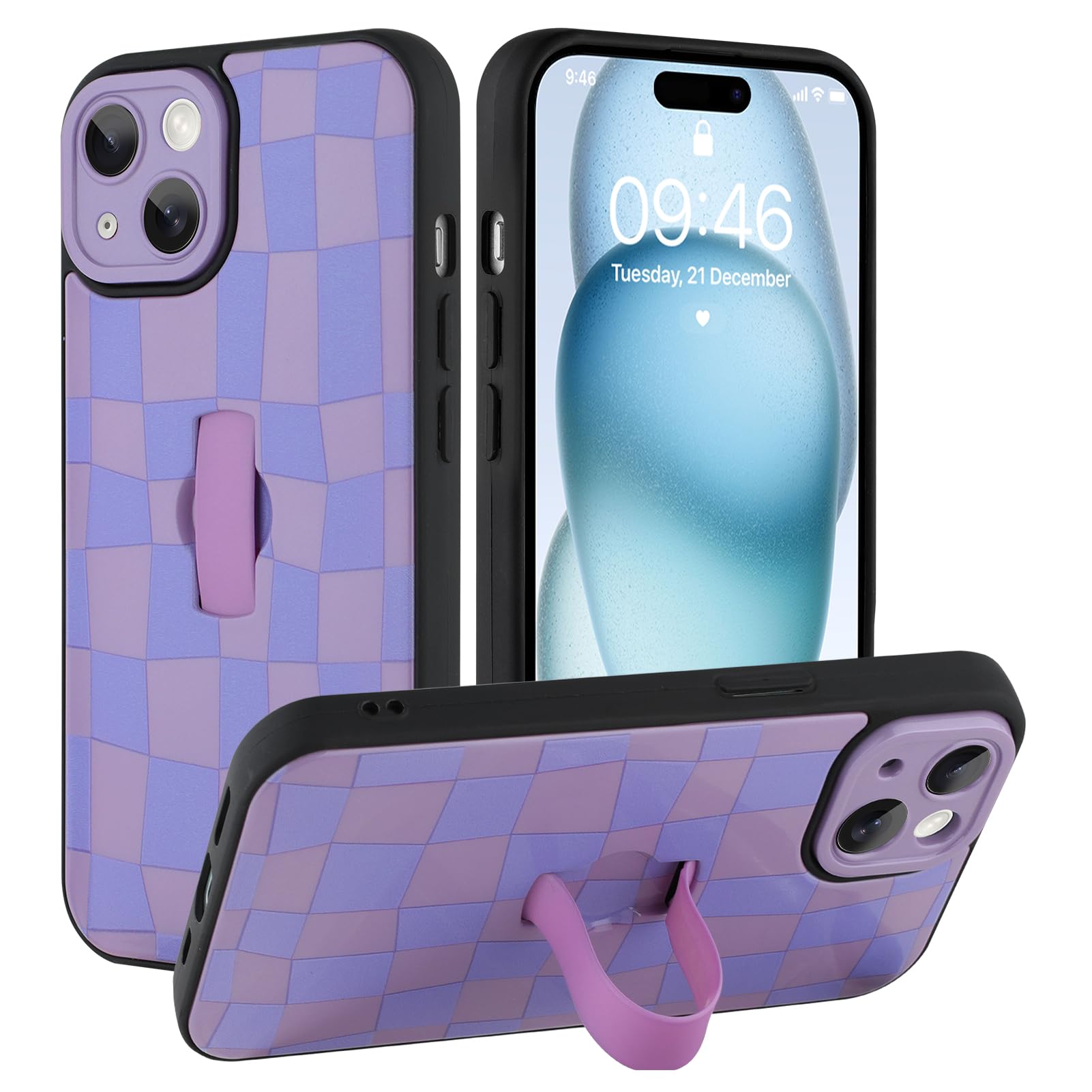 SOKAD for iPhone 15 Case with Finger Strap Kickstand, Cute Checkered Checkerboard Phone Case with Finger Hand for Women Men, Slim Full Camera