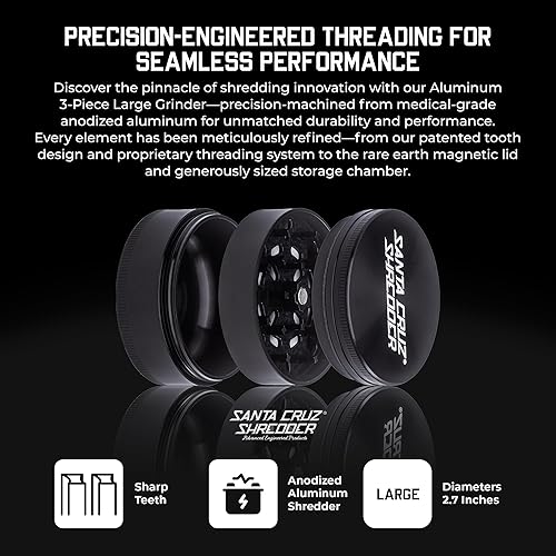 Miniatura 2 de Santa Cruz Shredder Molinillo de hierbas de metal con parte superior moleteada para un agarre más fuerte, 3 piezas, grande de 2.7 pulgadas (negro)