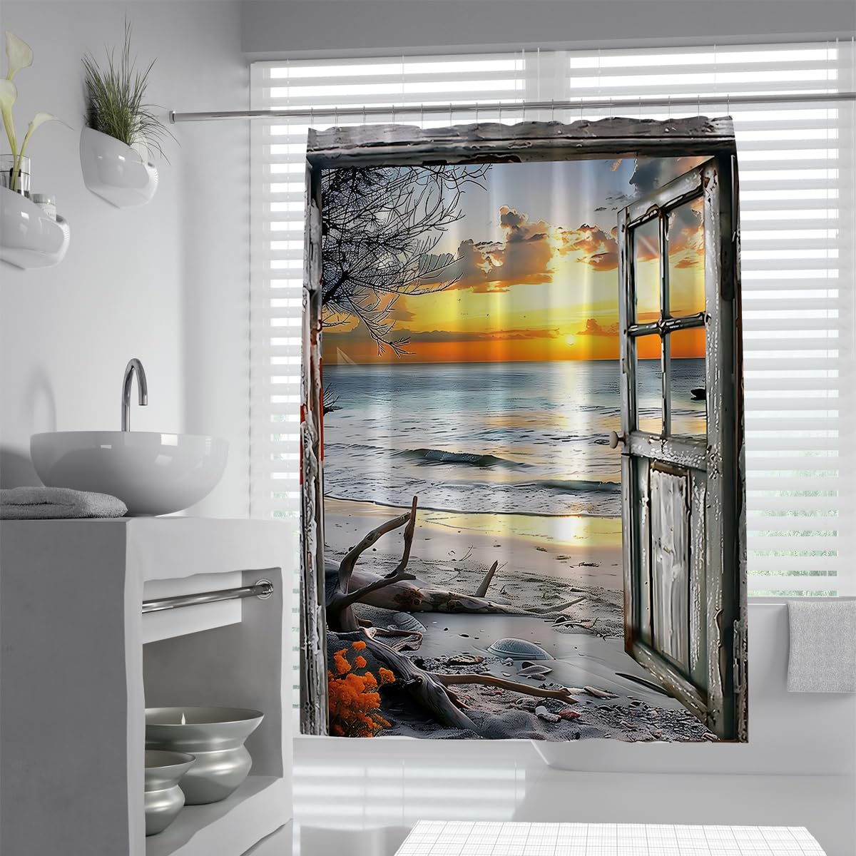 UERWOWELL Rustic Window Landscape Shower Curtain Ocean Sunset Shower Curtain Coastal Beach Horizon View Bath Curtain Waterproof Polyester Fabric W120xL200 cm