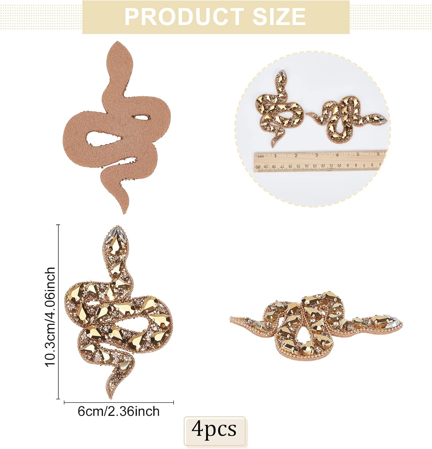WEBEEDY 4 Pcs Handmade Rhinestone Snake Beaded Patches Sew on Crystal Appliques Decorative Badge Sewing Accessories for Clothes Bag Pants Shoes Hats DIY Projects Clothes Repair Decoration
