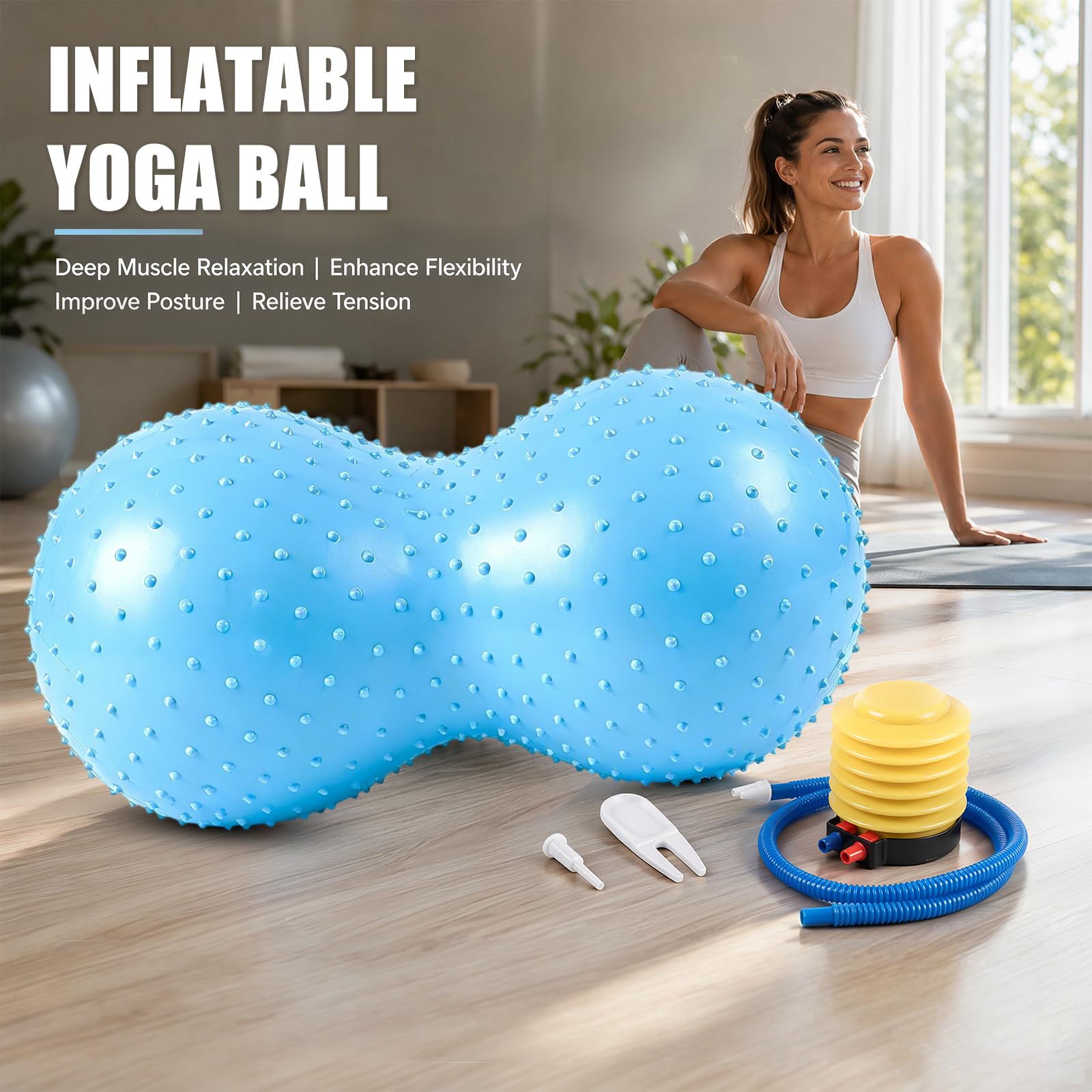 Pelota de yoga cacahuete 45x90 cm antipinchazos con bomba de aire azul