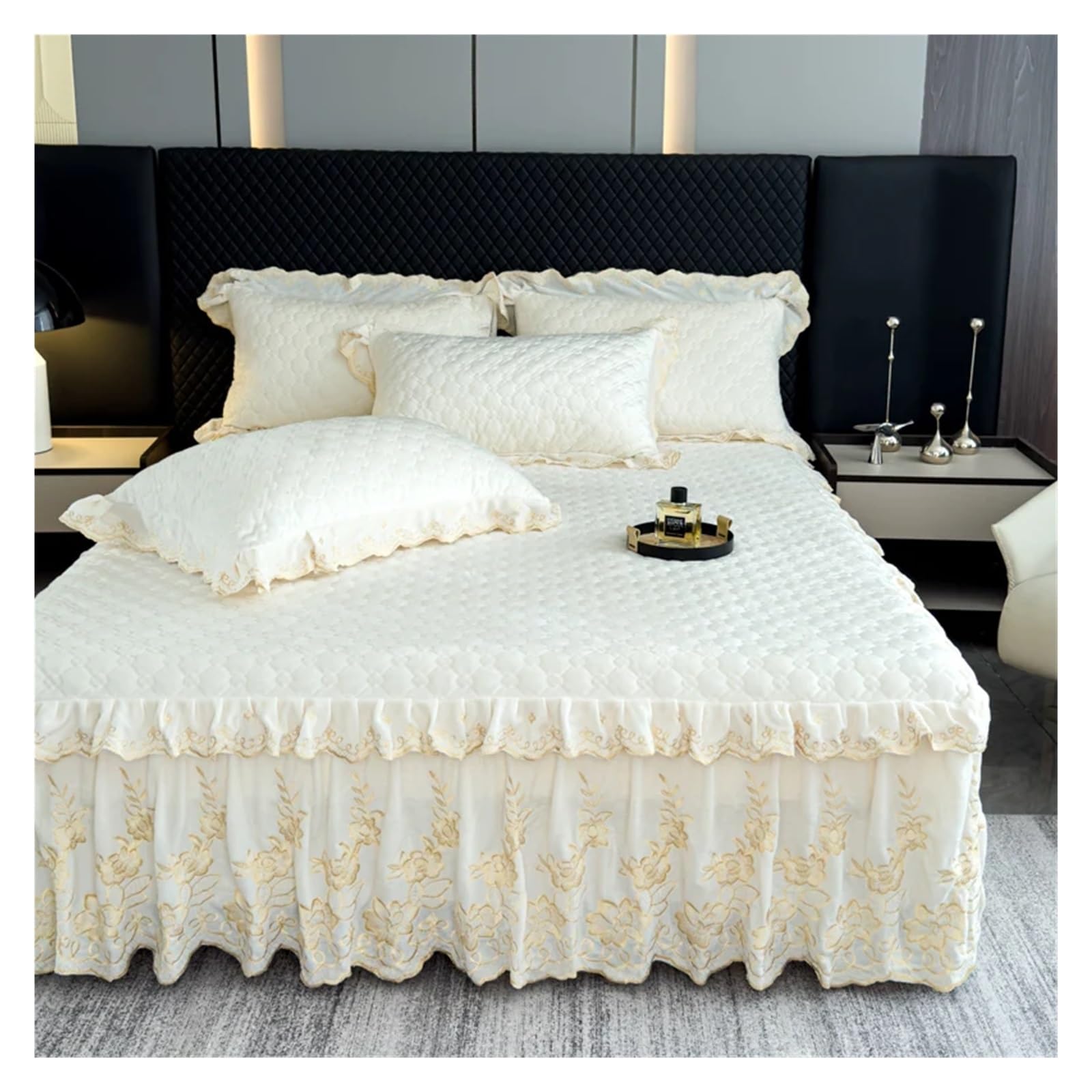 2/3Pcs Thickened Quilted Crystal Velvet Bed Skirt, Flowers Lace Embroidery Bedspread, Bed Sheet, Bed Cover, Pillowcases(Cream White,180X220cm 3pcs)