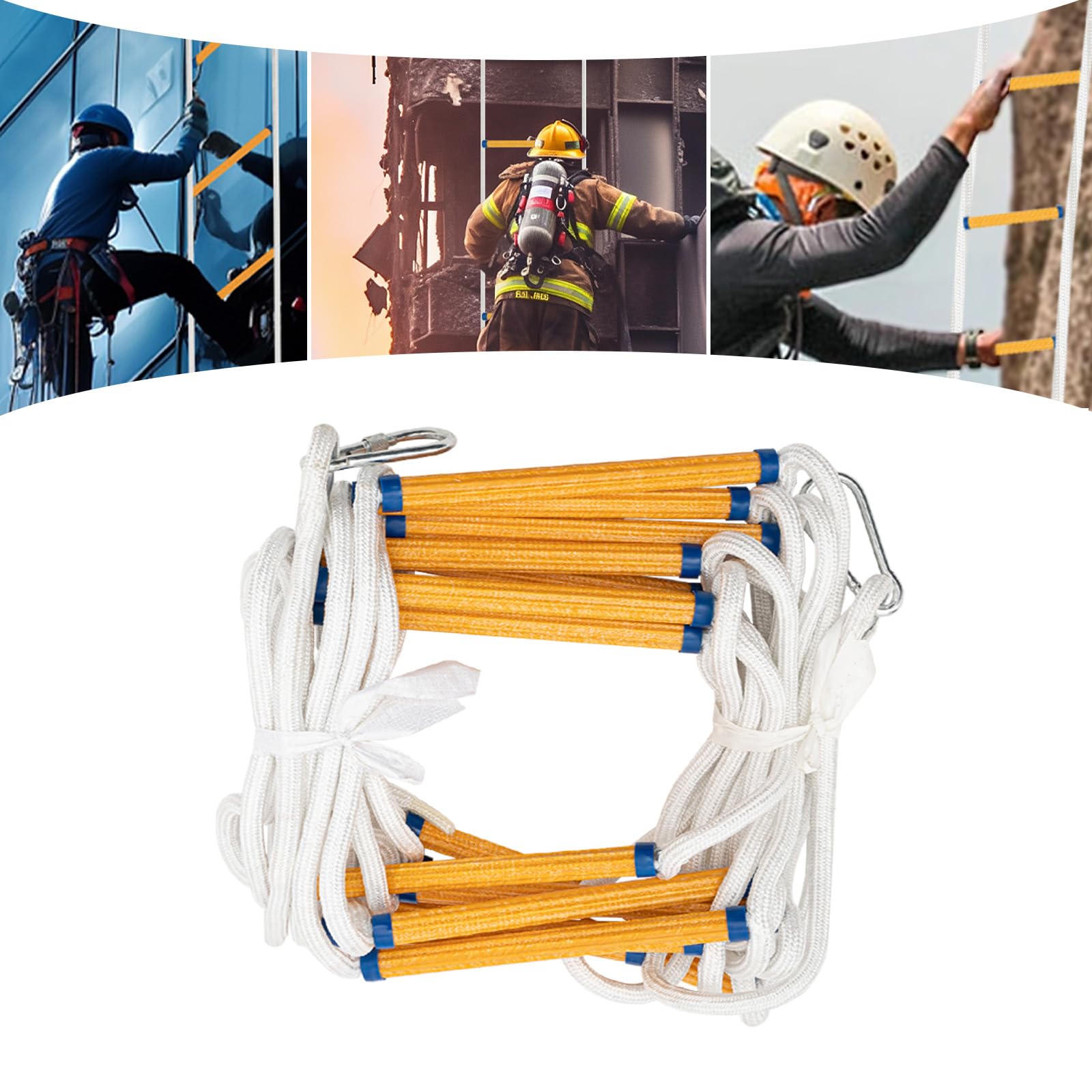 Escalera de rescate de 12 m para ventanas y balcones, plegable, carga de 200 kg, escalera de emergencia con ganchos de acero al manganeso y peldaños antideslizantes para emergencia y entrenamiento de