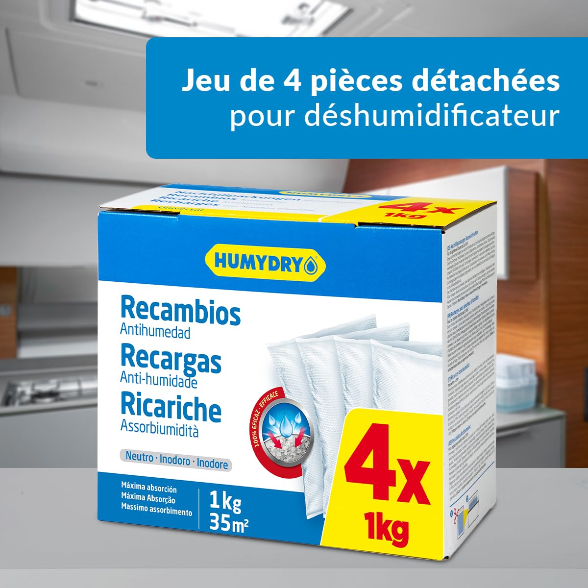 Lot de 4 Recharges Anti-humidité pour Déshumidificateurs - Idéales pour Placards, Salles de Bains et Chambres - Espaces jusqu'à 35 m2 - Sachets de 1 kilo - Parfum : Neutre - Humydry