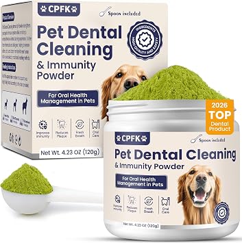 Dog Dental Cleaning Immunity Powder Dog Dental Cleaning Powder with Probiotics to Lighten Bad Breath and Control Plaque Tartar Supports Dogs Dental Care and Immune Health 4.23 OZ