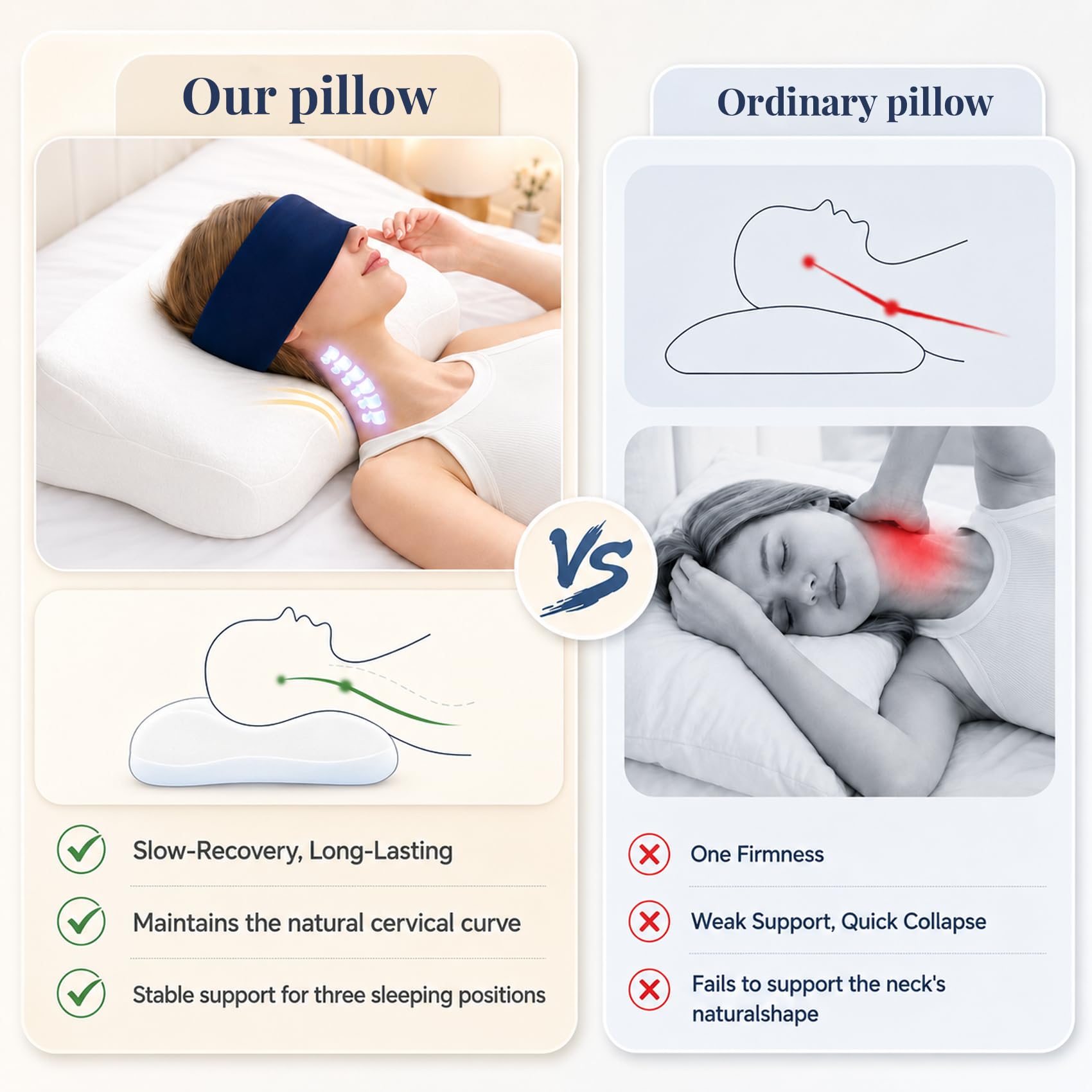 Ergonomiczna Poduszka Szyjna z Pianki Memory Foam do Spania na Boku i Plecach z Oddychającą, Zdejmowaną Poszewką, 60×37×7/10 cm