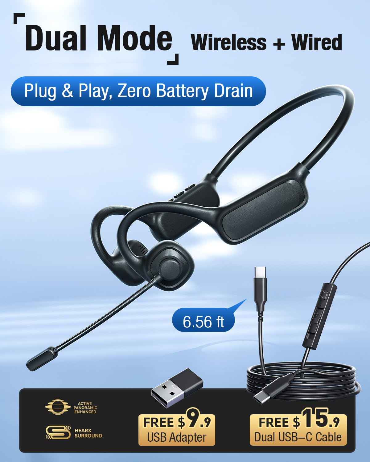Zestaw słuchawkowy Bluetooth z mikrofonem, otwarte słuchawki z mikrofonem, czarne, Bluetooth + przewodowy sportowy design z wbudowanymi kontrolami, dźwięk premium