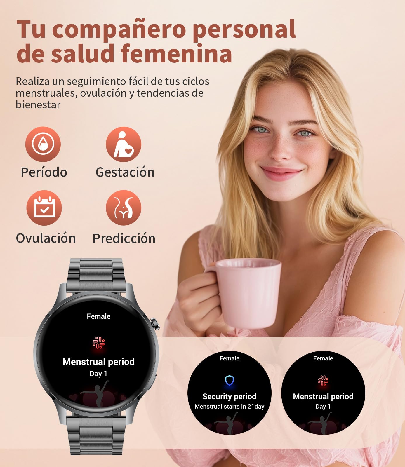 SUNKTA Reloj Inteligente para Mujer 7,9 mm Ultrafino 1,32" AMOLED Llamadas Bluetooth Elegante Smartwatch para Android iOS,Frecuencia cardíaca,Monitor de sueño,Podómetro,Calorías,Negro