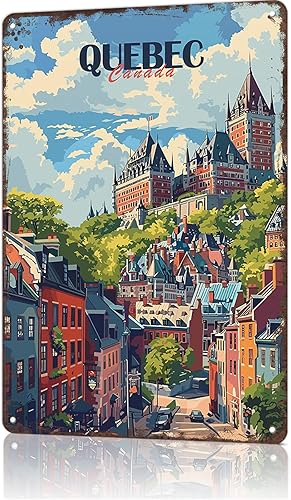 Quebec City Skyline Vintage City Landscape Metal Tin Sign, Retro Travel Tin Signs Posters For Man Cave Bar Garage Car Room Streets Wall Decor 8 X 12