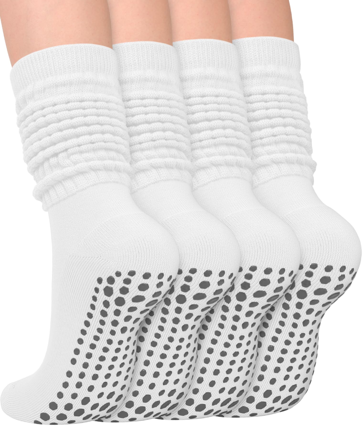 yeuG Pilates Grip Socks for Women Yoga Slouch Socks with Grip for Barre Knee High Boot Socks Long Scrunch White Socks