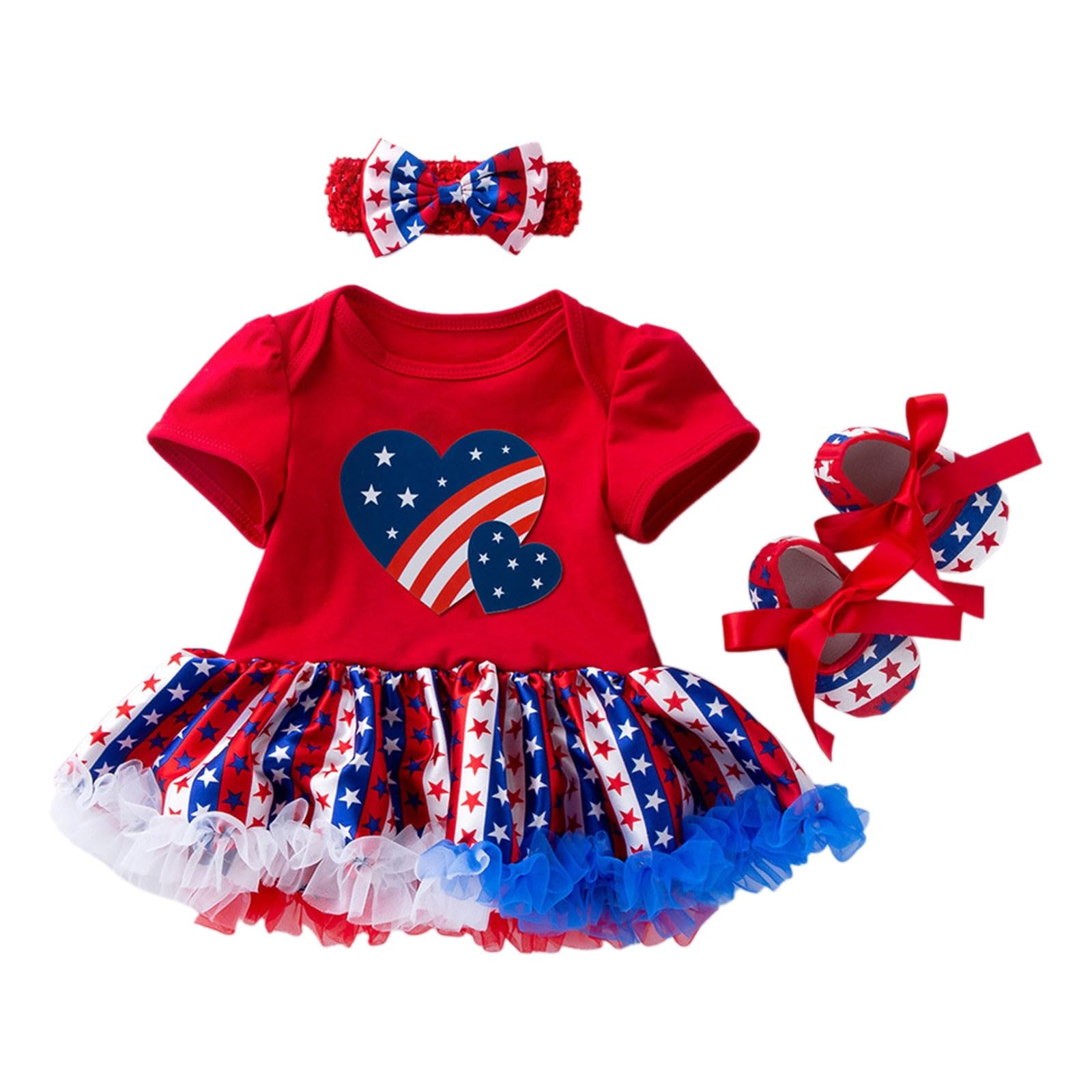 RNTOP 4th of July Infant Baby Girl Romper Ruffle Tulle Skirt Newborn Jumpsuit Bodysuit+Headband+Shoes (C, 0-3 Months)