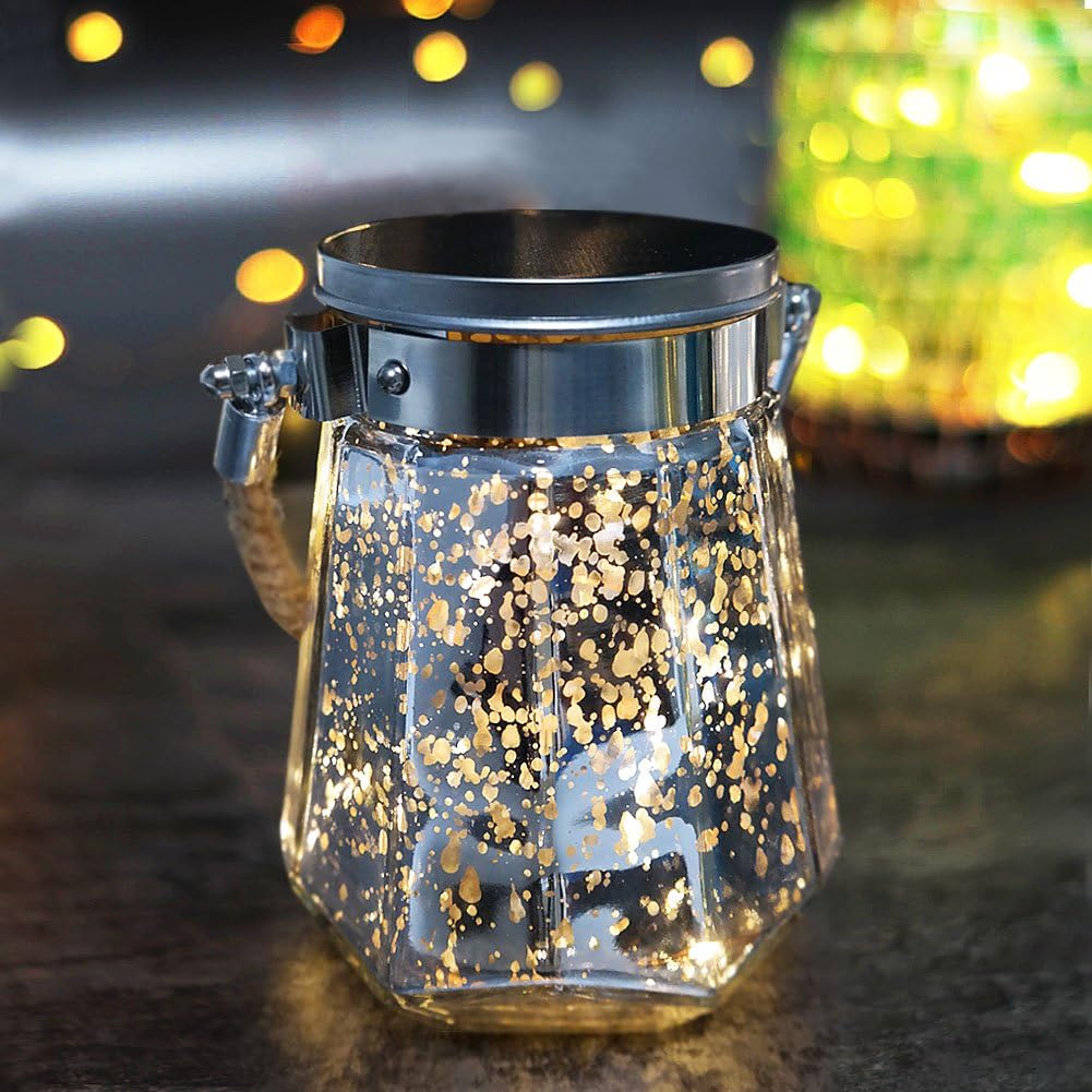 HOME MOST 5.5" Tall Hanging Mason Jar Lights Battery Operated (Silver Dodecagon Jar, 5hr Timer) - Hanging Mason Jars for Wedding - Wide Mouth Mason Jars with Lights - Rope Handle Jar Kitchen Decor