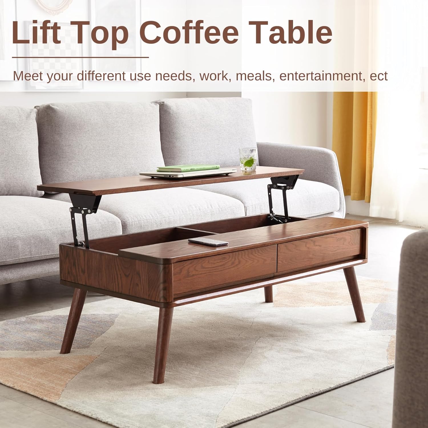 100% Solid Oak Lift Top Coffee Table, Wood Coffee Table with Hidden Compartment and Drawers - Coffee Tables for Living Room (Walnut Color, 39.37 inch) 39.37 inch Walnut Color