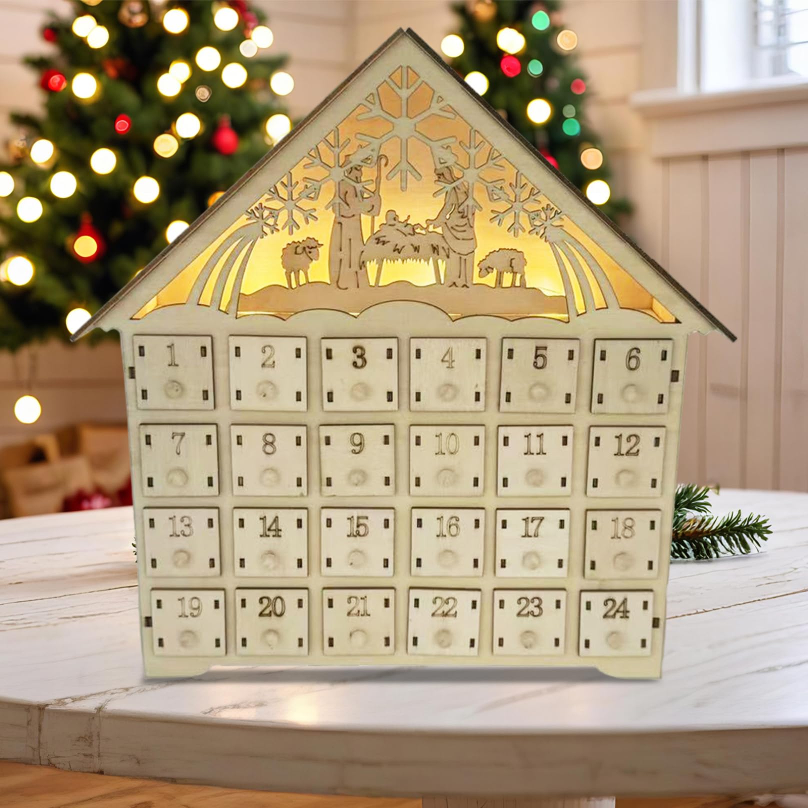 Calendario dell'avvento in legno con cassetti e conto alla rovescia di 24 giorni a 24 giorni per il calendario dell'avvento di Natale 2025 batteria operata per adulti per bambini decorazioni per la c