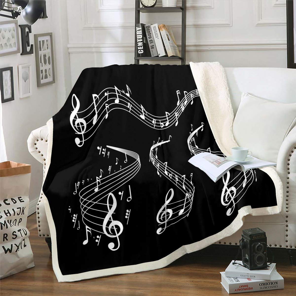 Loussiesd Musical Note Pattern Fleece Blanket Music Themed Sherpa Throw Blanket for Sofa Couch Adult Black White Plush Blanket Geometric Stripe Design Fuzzy Blanket Room Decor Single 50"x60"