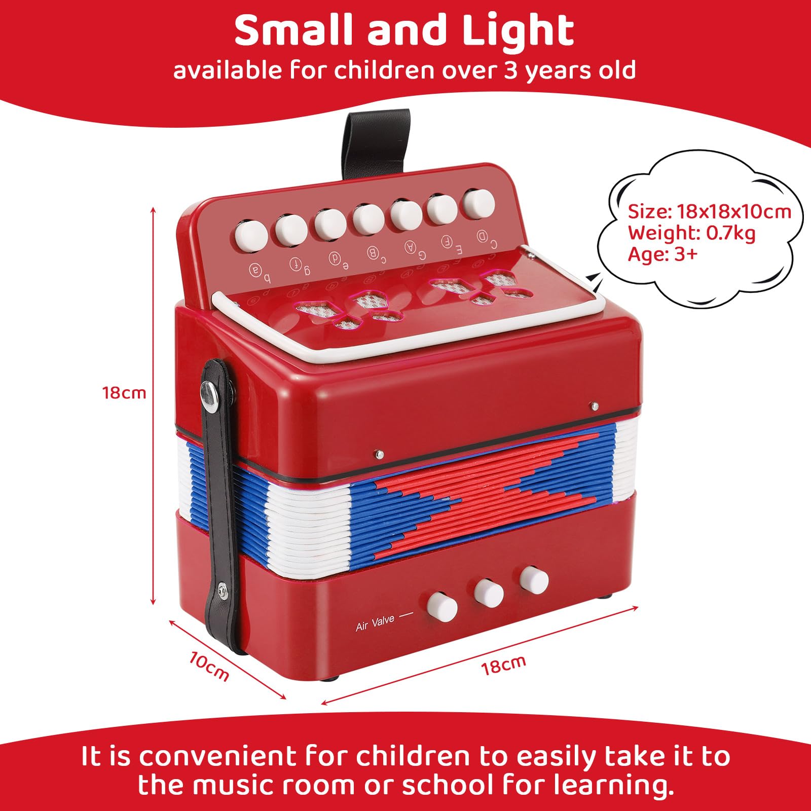 Accordéon pour Enfant, Accordeon Enfant à 10 Touches avec Sangles, Instrument de Musique Accordéon pour Débutants, Accordéon Enfant de 3 Ans et Plus, Rouge
