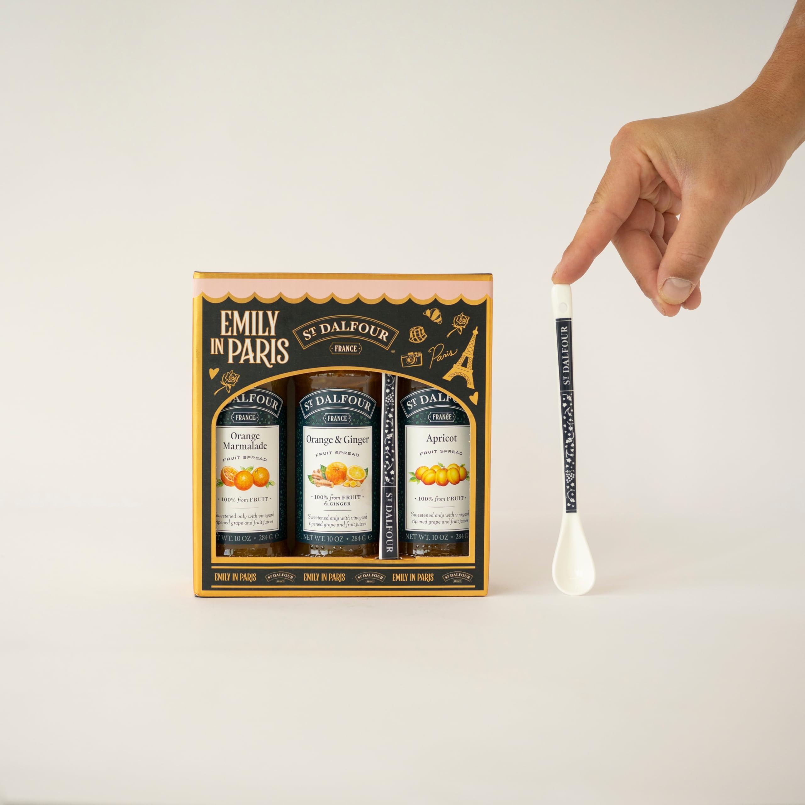 St. Dalfour Confezione Regalo – Edizione Emily in Paris – 100% frutta, senza zuccheri aggiunti, senza glutine – 3x284g (Fragola/Lampone/Ciliegie) (Arancia, Arancia-Zenzero, Albicocca) - 5