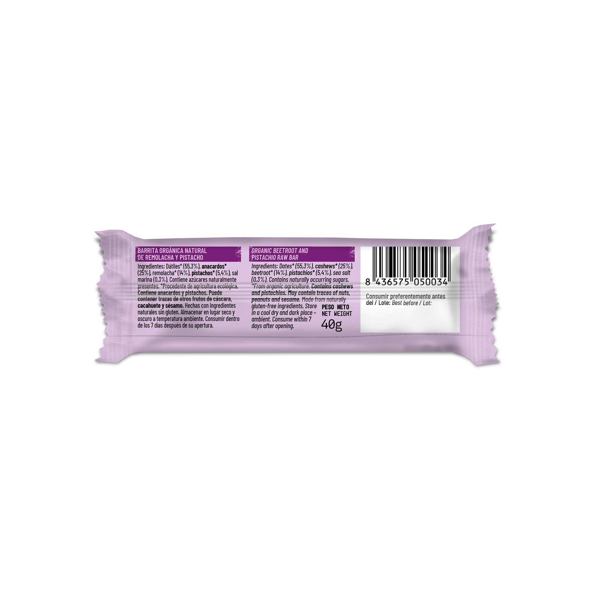 NATRULY Barritas Energéticas BIO Remolacha y Pistacho Sin Azúcar Añadido, 100% Natural y Orgánicas, Sin Gluten, Vegana -Pack 10x40g