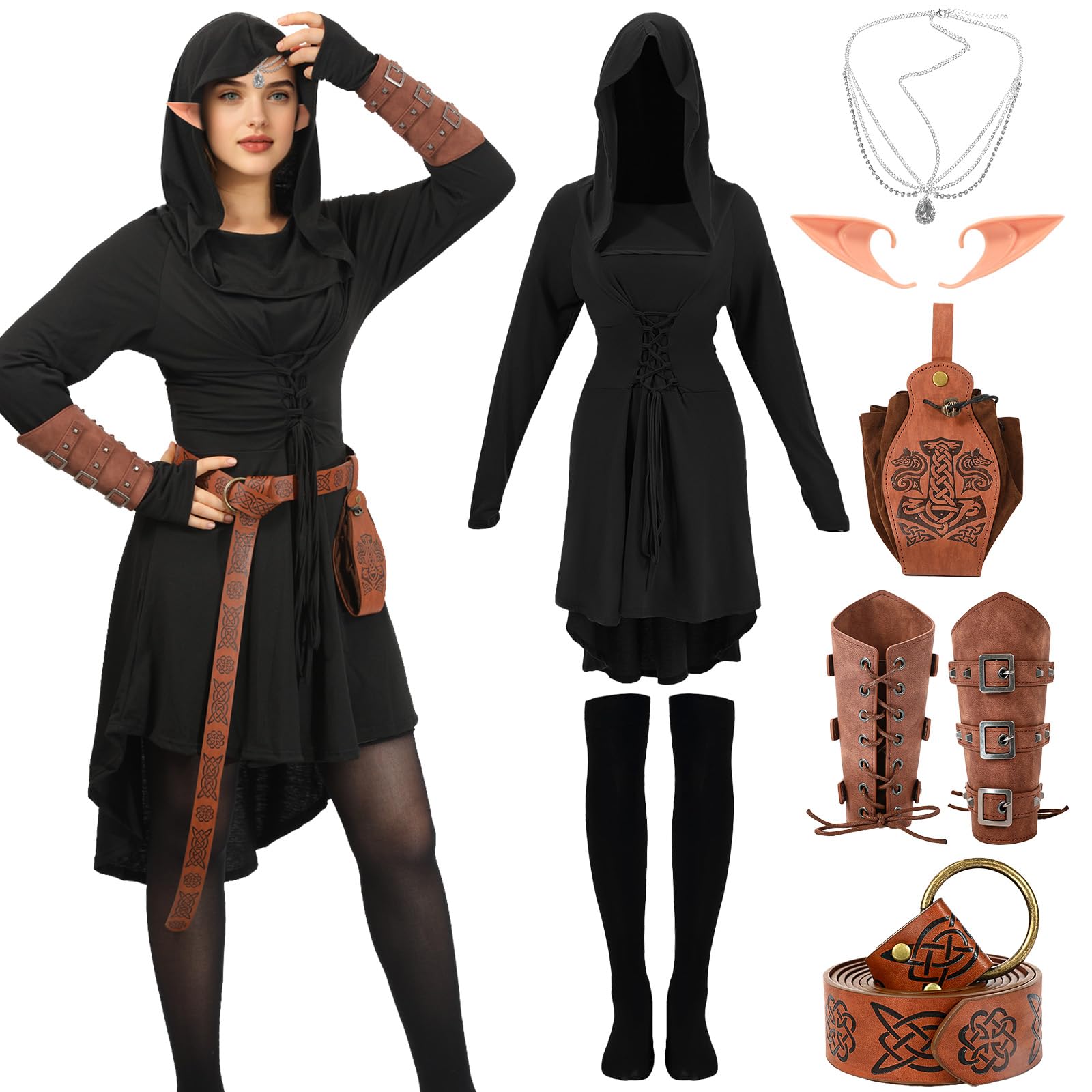 AENEY 7PCS Renaissance Medieval Costume Women, Hooded Dress Lace Up Fairy Outfits with Vintage Faux Leather Arm Pouch Belt Props (Black, 2XL)