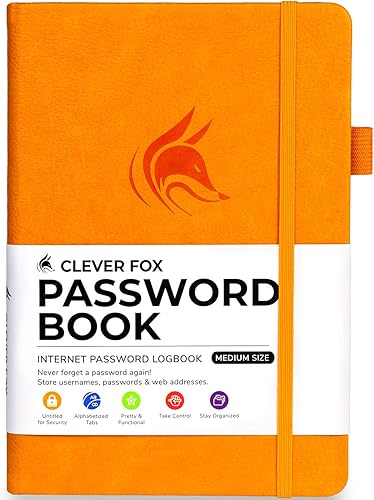 CLEVER FOX - Libro de contraseñas con pestañas. Organizador de direcciones y contraseñas de Internet con pestañas alfabéticas. Cuaderno de tamaño