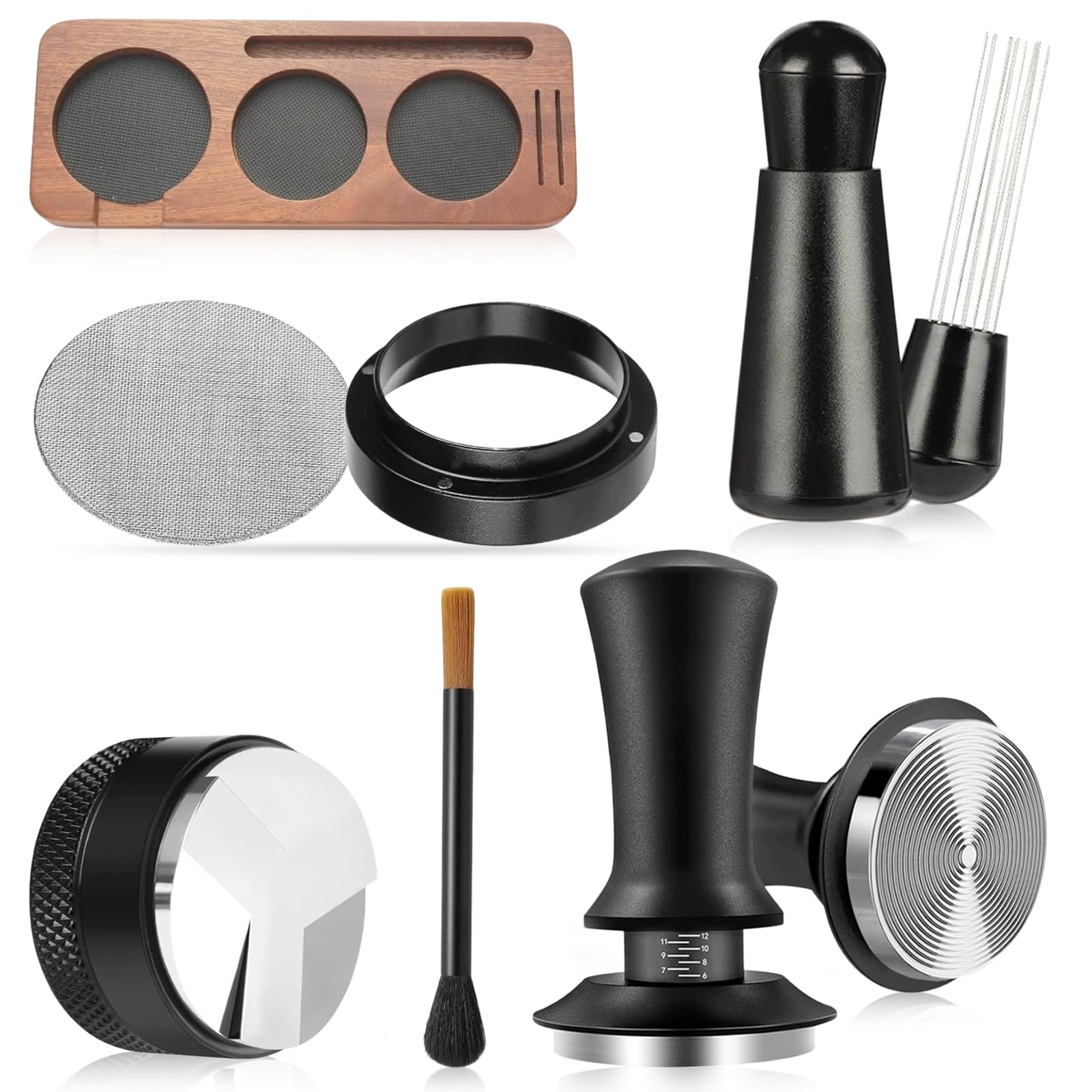 Set di 7 accessori per espresso da 51 mm, con pressino, utensile WDT, distributore, anello dosatore, puck screen, stazione pressino e spazzola per la pulizia per portafiltro, caffè e bar espresso