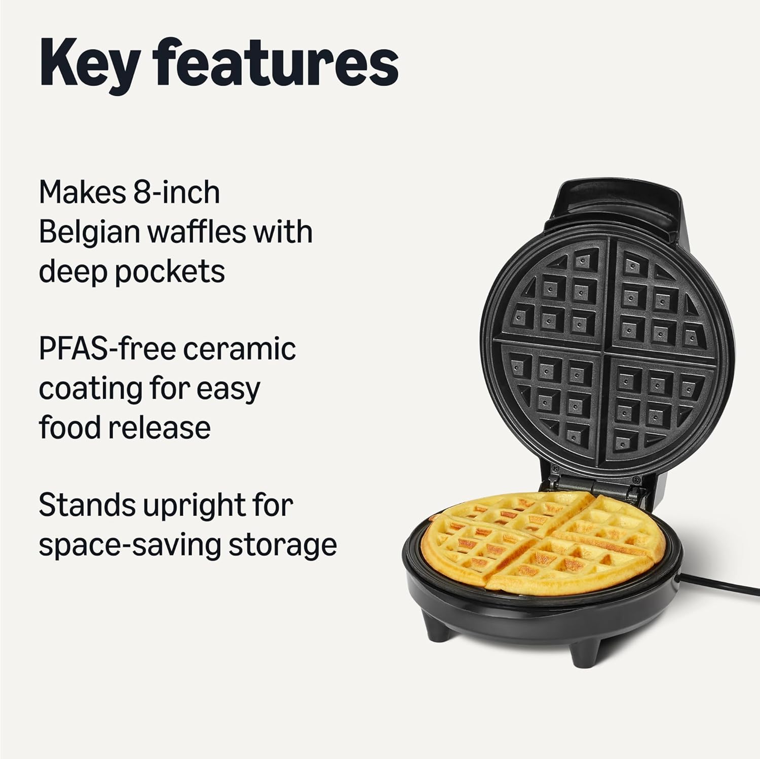 Amazon Basics Belgian Waffle Maker with Round 8-inch Ceramic Non-Stick Plate, Browning Control, Black