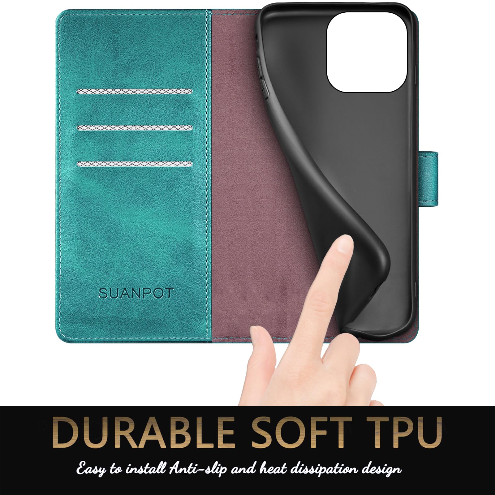 SUANPOT Funda para iPhone 16 Pro MAX 6.9" con Tapa【Bloqueo RFID】de Cuero PU Cierre Magnético，Soporte Plegable，Ranura para Tarjeta Cover para Apple 16 Pro MAX Phone Case Azul Verde