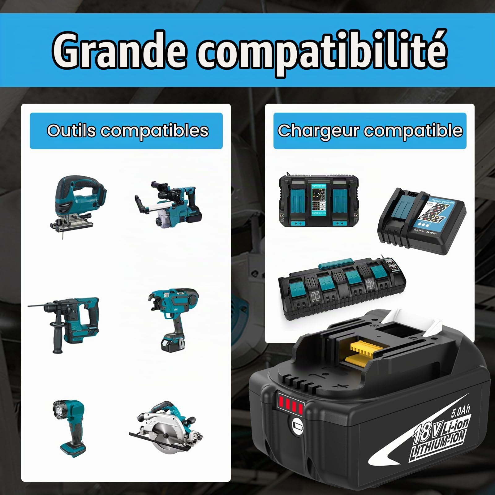 2X Rechange BL1850B pour Makita Batterie 18V 5,0Ah Compatible avec Chargeur 3 A DC18RCT BL1860B BL1840B BL1835B BL1850BB BL1845B BL1860 BL1850 194205-3 LXT-400 avec Outil