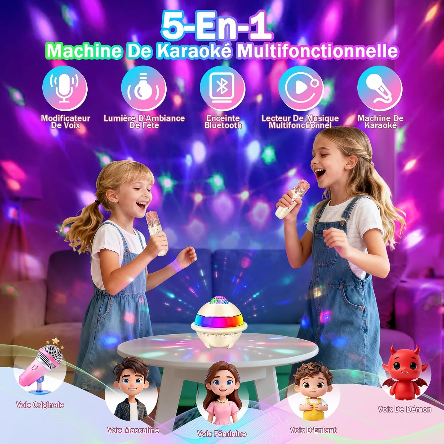 JONRRYIN Micro Karaoke Enfant avec Lumineux LED Disco, Enfant Enceinte Karaoké Portable avec 2 Microphone sans Fil Bluetooth, Micro Enfant pour Chanter, Jouet Cadeau Paques Fille (Blanc)