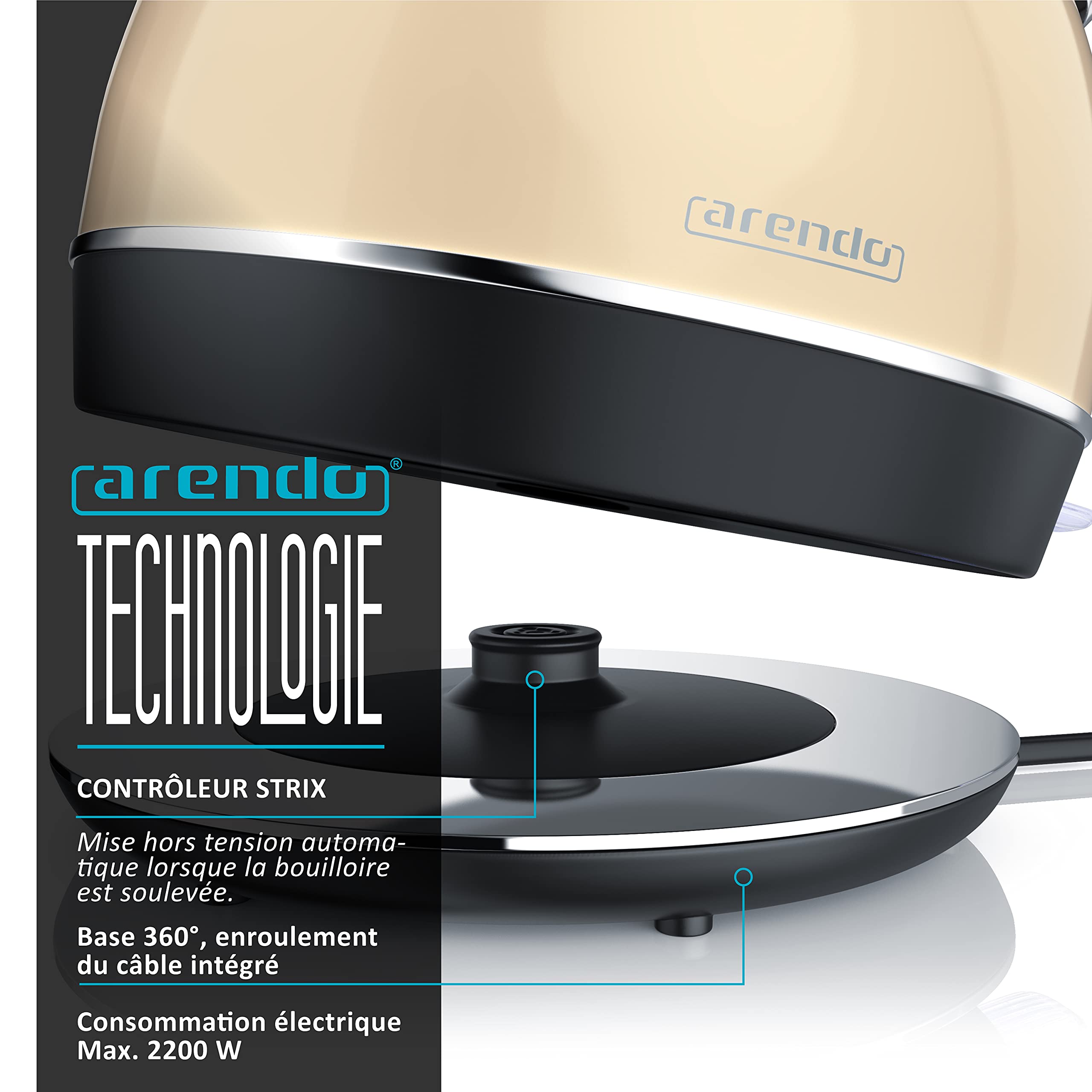 Arendo - Bouilloire électrique en Acier Inoxydable 1,7 Litre - 2200 W Style Vintage rétro - Filtre anticalcaire Amovible Interchangeable - Interrupteur d'alimentation LED Bleue - Water kettle - Beige