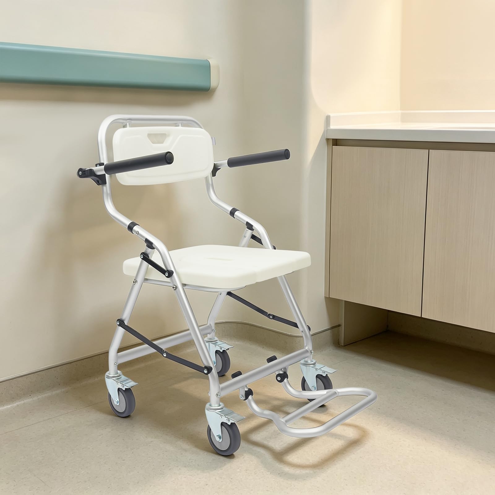 Silla de ducha plegable con ruedas de freno, silla de ducha 3 en 1