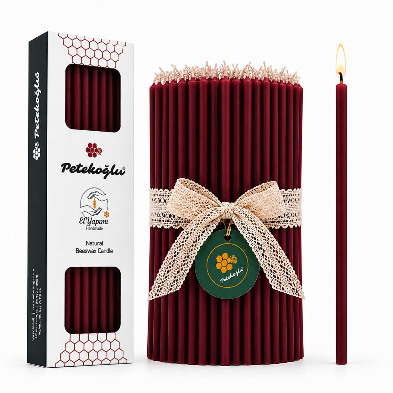 Petekoğlu 40 velas de cera de abeja pura, color burdeos, sin goteo, sin humo, altas, delgadas, velas decorativas para oración de iglesia, decoración o velas de cumpleaños, velas perfumadas a miel