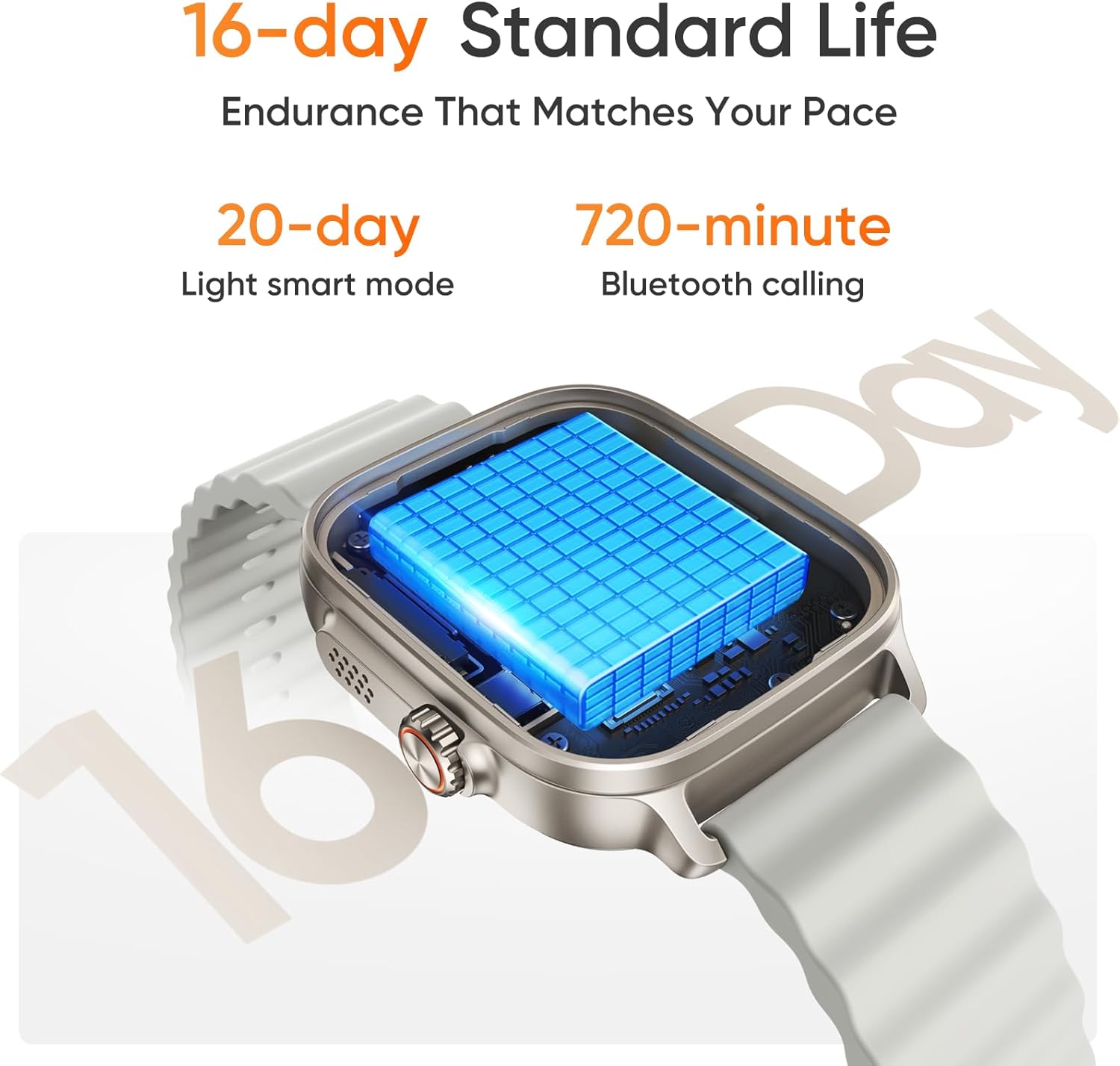 realme Watch 5 showing battery life details: 16-day standard, 20-day light smart mode, 720-minute Bluetooth calling