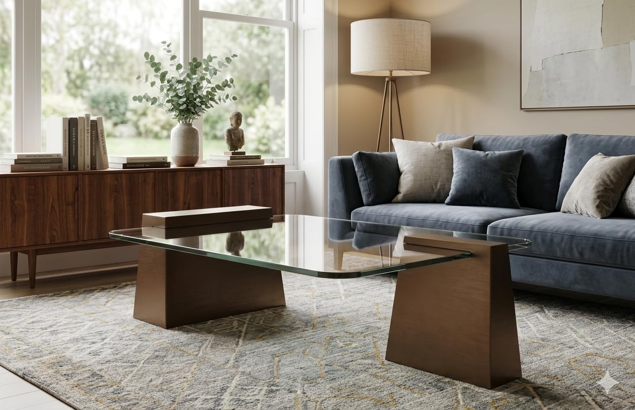 Modern Glass Center Table for Living Room, 12 mm Curved Glass Coffee Table with Wooden Base, Contemporary Tea Table for Home, Office & Lounge, Rectangle Sofa Center Table Furniture, 48 x 24 Inch-image-46