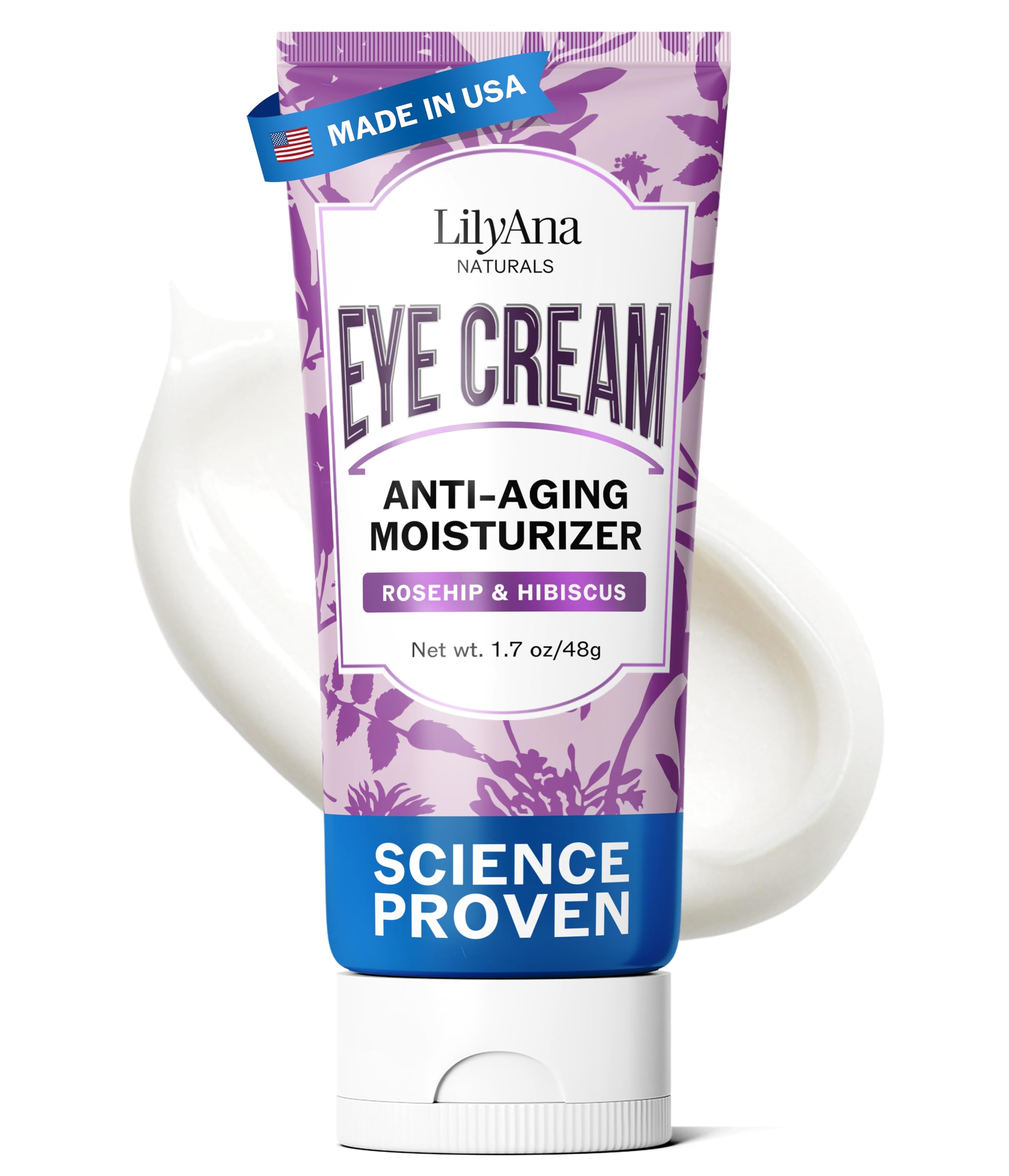 Eye Cream - Made in USA, Eye Cream for Dark Circles and Puffiness, Under Eye Cream, Anti Aging Eye Cream Reduce Fine Lines and Wrinkles, Rosehip and Hibiscus Botanicals - 1.7oz