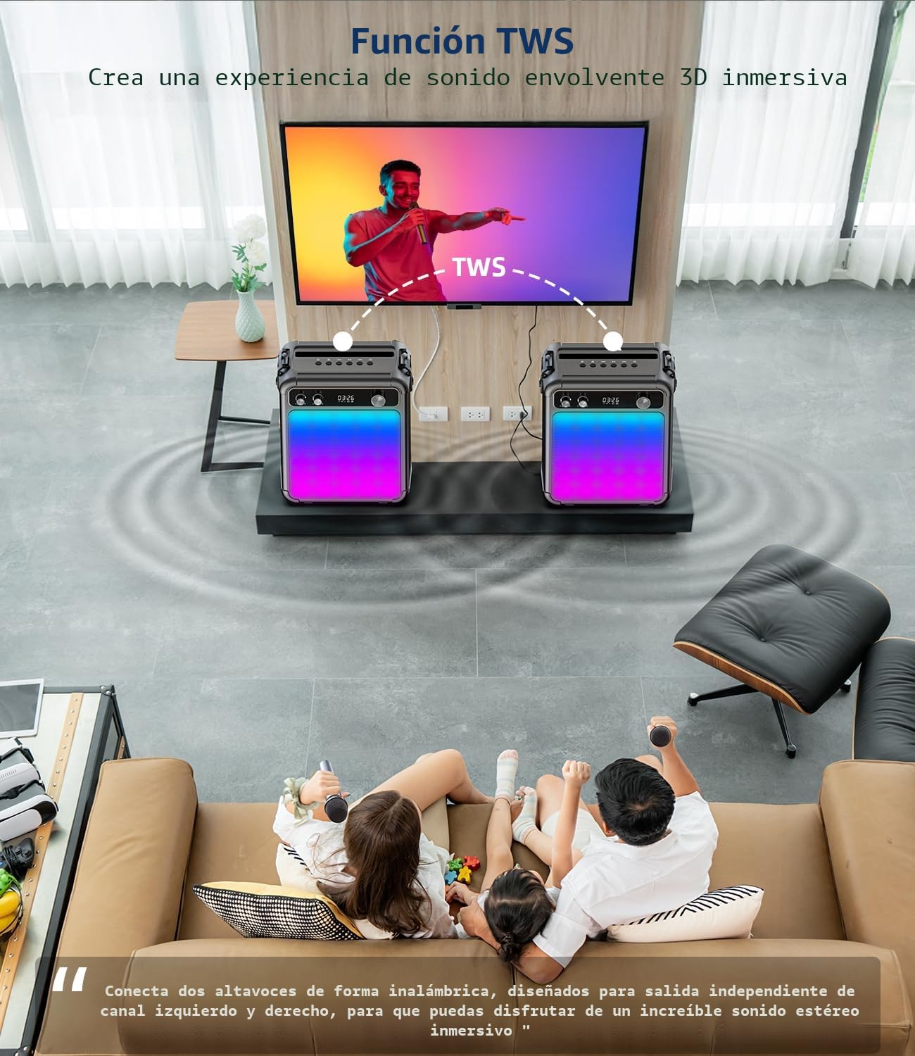 Máquina de Karaoke con 2 micrófonos inalámbricos, Altavoz Karaoke Profesional para Adultos, Bluetooth portátil con Luces LED,para Fiestas,Regalo,al Aire Libre.Sostener TF/USB/TWS/Mic/AUX