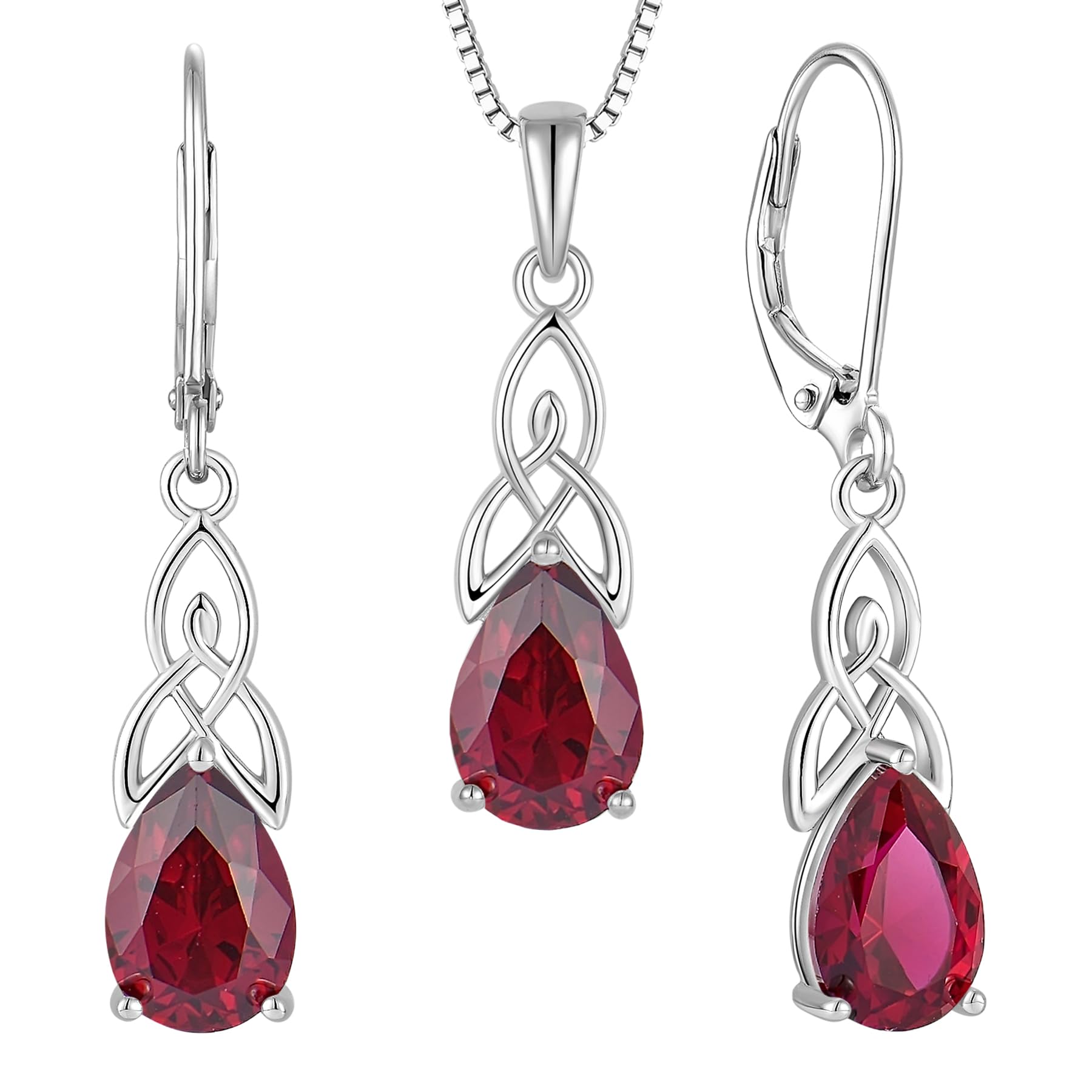 STARCHENIE Teardrop Pendant Necklace Dangle Earrings for Women 925 Sterling Silver Irish Celtic Knot July Birthstone Created Ruby Jewelry Set