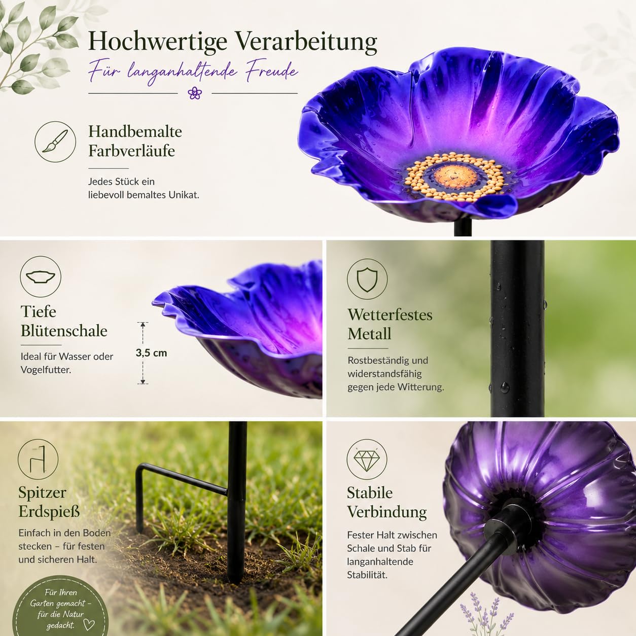 Vogeltränke Blume mit Gartenstecker aus Metall, Ø 5.1 inch,dekorative Bienentränke & Insektentränke für Garten, Balkon und Terrasse, wetterfest, 4 Farben (Lila+Gelb)