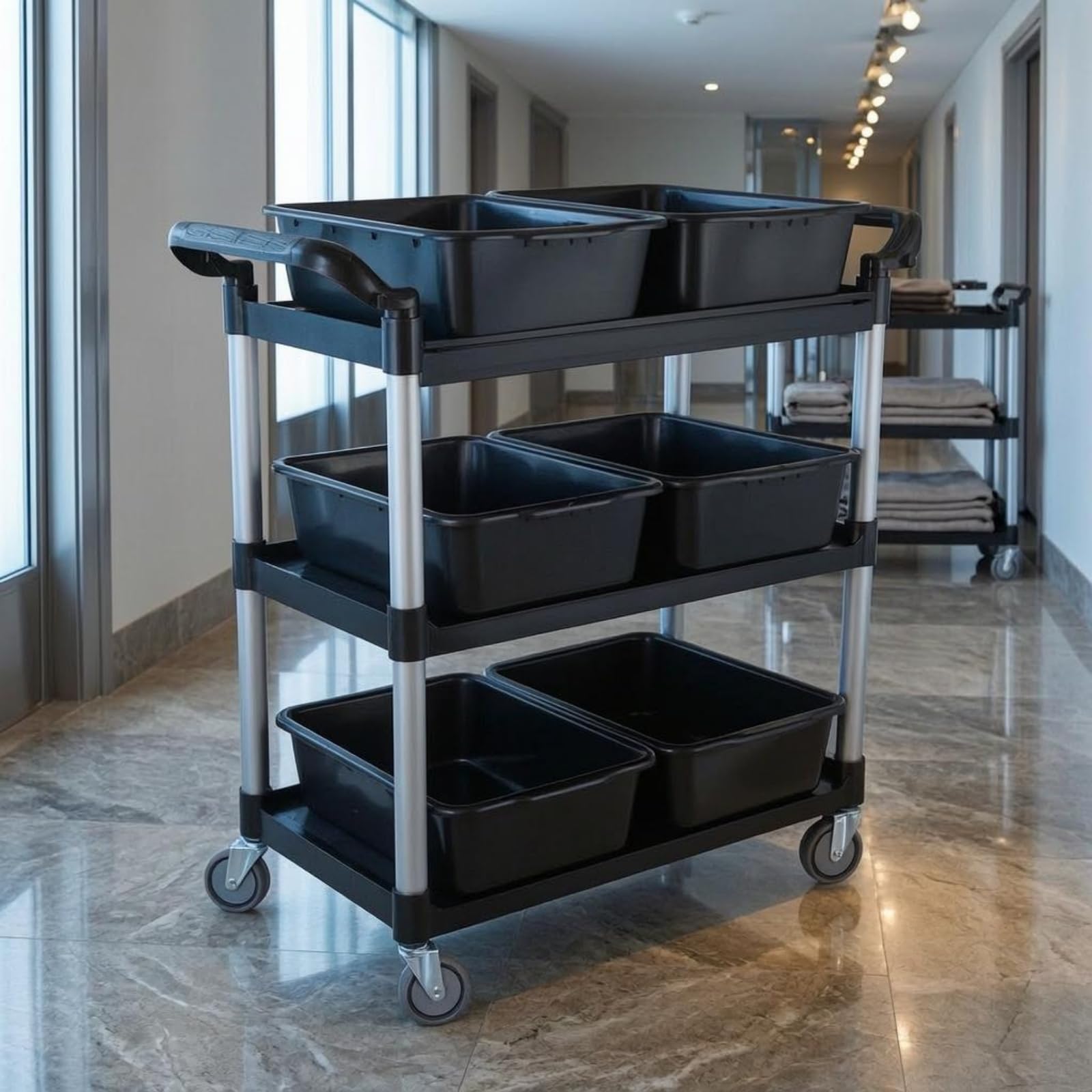 Qianly Carro Camarero Triple Niveles Bandejas Poco Profundas Carro Servicio con Ruedas Gran Capacidad Mueble Rodante para, Negro, Grande, Tres Cubetas, Dos Cubos, Ruedas Silenciosas