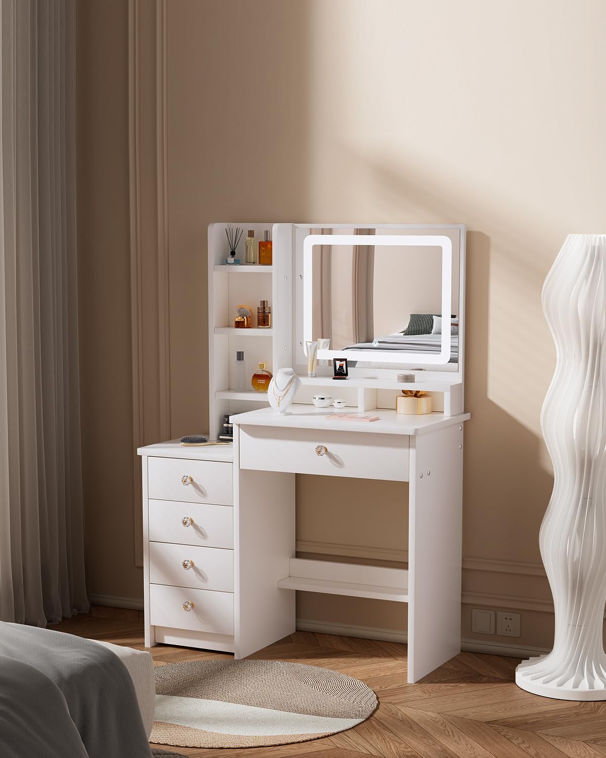 Coiffeuse, 90cm Coiffeuse avec Miroir, 5 Tiroirs pour Un Rangement Parfait