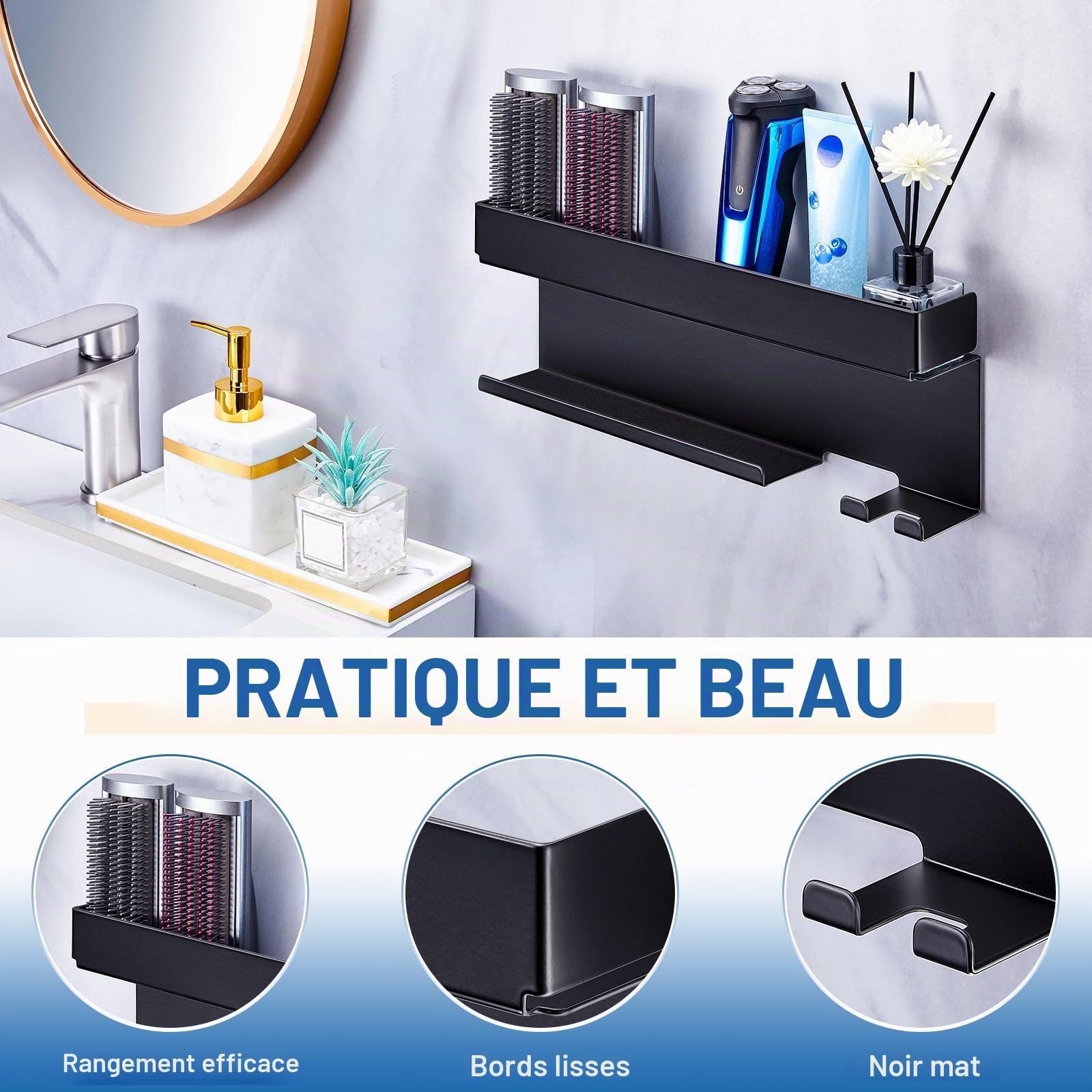 Porte Seche Cheveux Sans Percage, Le Stent De Sèche-Cheveux, Convient Outils Et Accessoires Pour Cheveux, Support Seche Cheveux Applicable à La Salle De Bain, Salon De Coiffure (Noir)