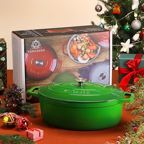 Miniatura 7 de vancasso Horno holandés de hierro fundido esmaltado, olla de horno holandés de 9.3 cuartos con tapa, olla ovalada de hierro fundido con
