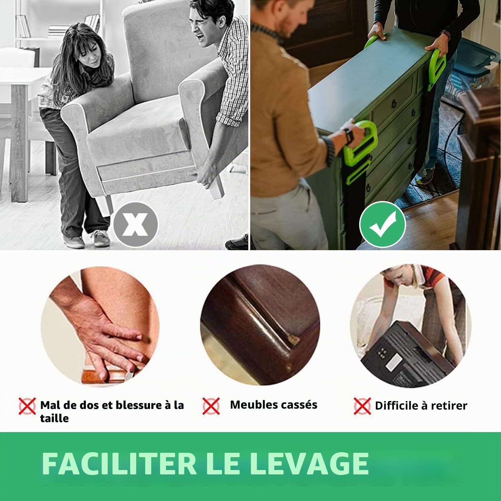 Sangle Demenagement, Lot de 2 Sangle de Levage pour Meubles Boîtes Matelas Construction, Sangles de Manutention avec 2 Paires de Gants, Sangles de Transport pour Déménagement
