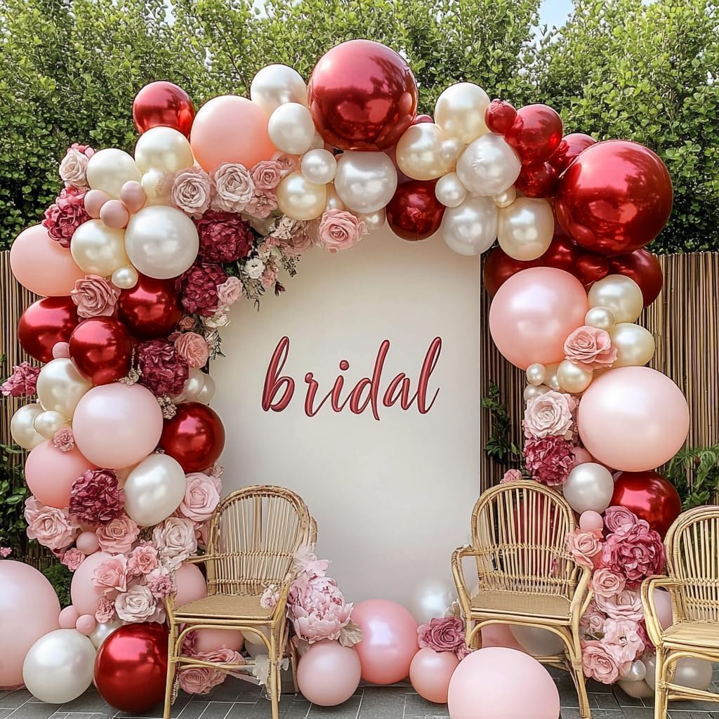 Red Pink White Balloons Double Stuffed Burgundy Pink Balloons Different Sizes Pearl White Burgundy Balloon Arch Kit for Bridal Wedding Birthday Baby Shower Mother's Day Party Decoration